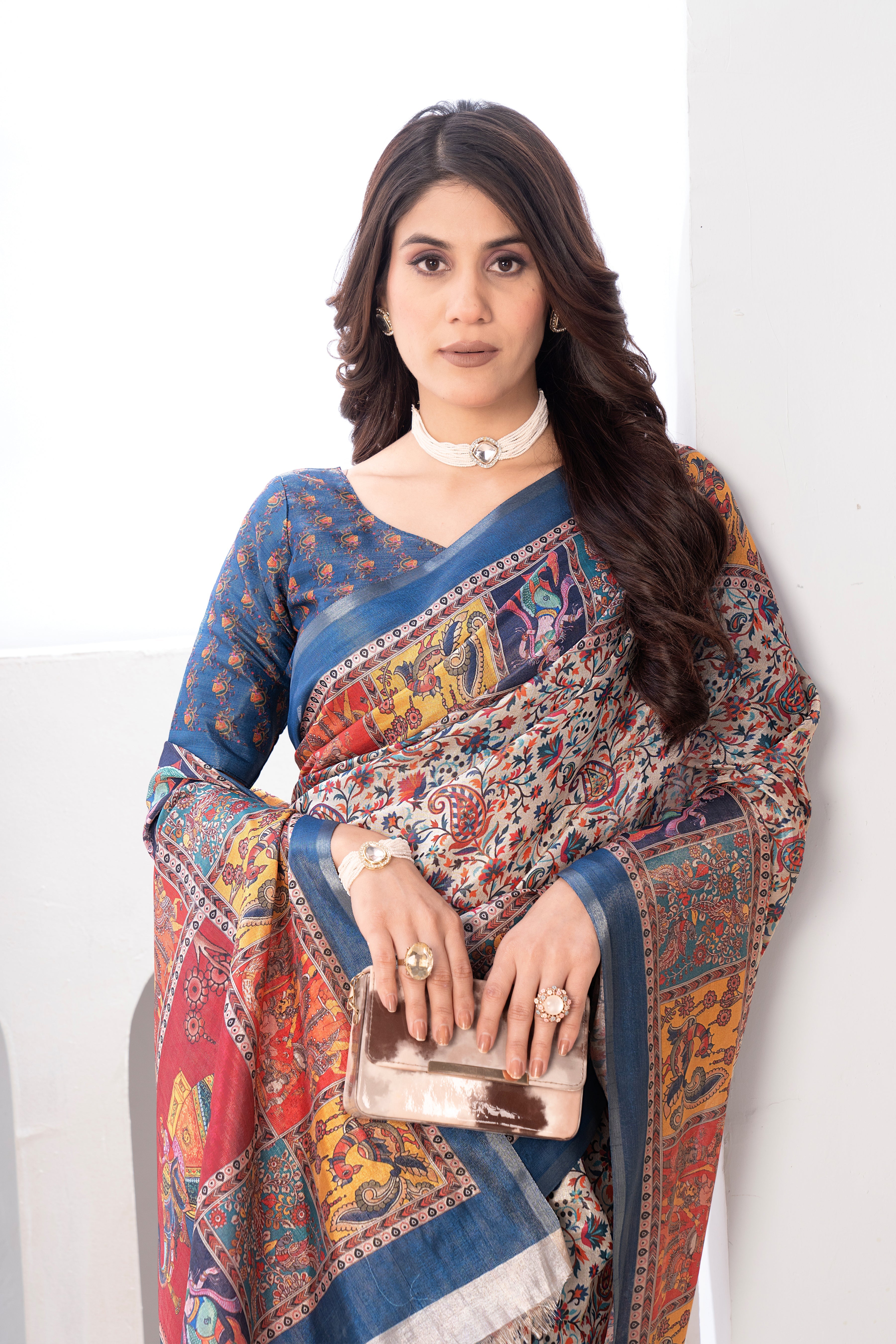 Traditional Kashmiri Bhagalpuri Printed Charcoal Tissue Saree