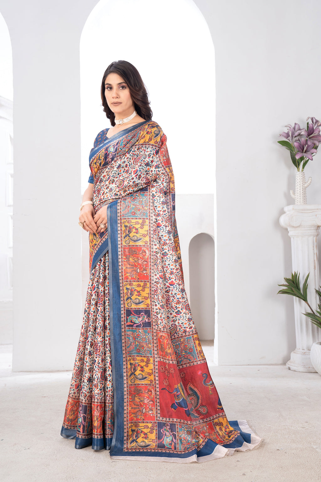 Traditional Kashmiri Bhagalpuri Printed Charcoal Tissue Saree