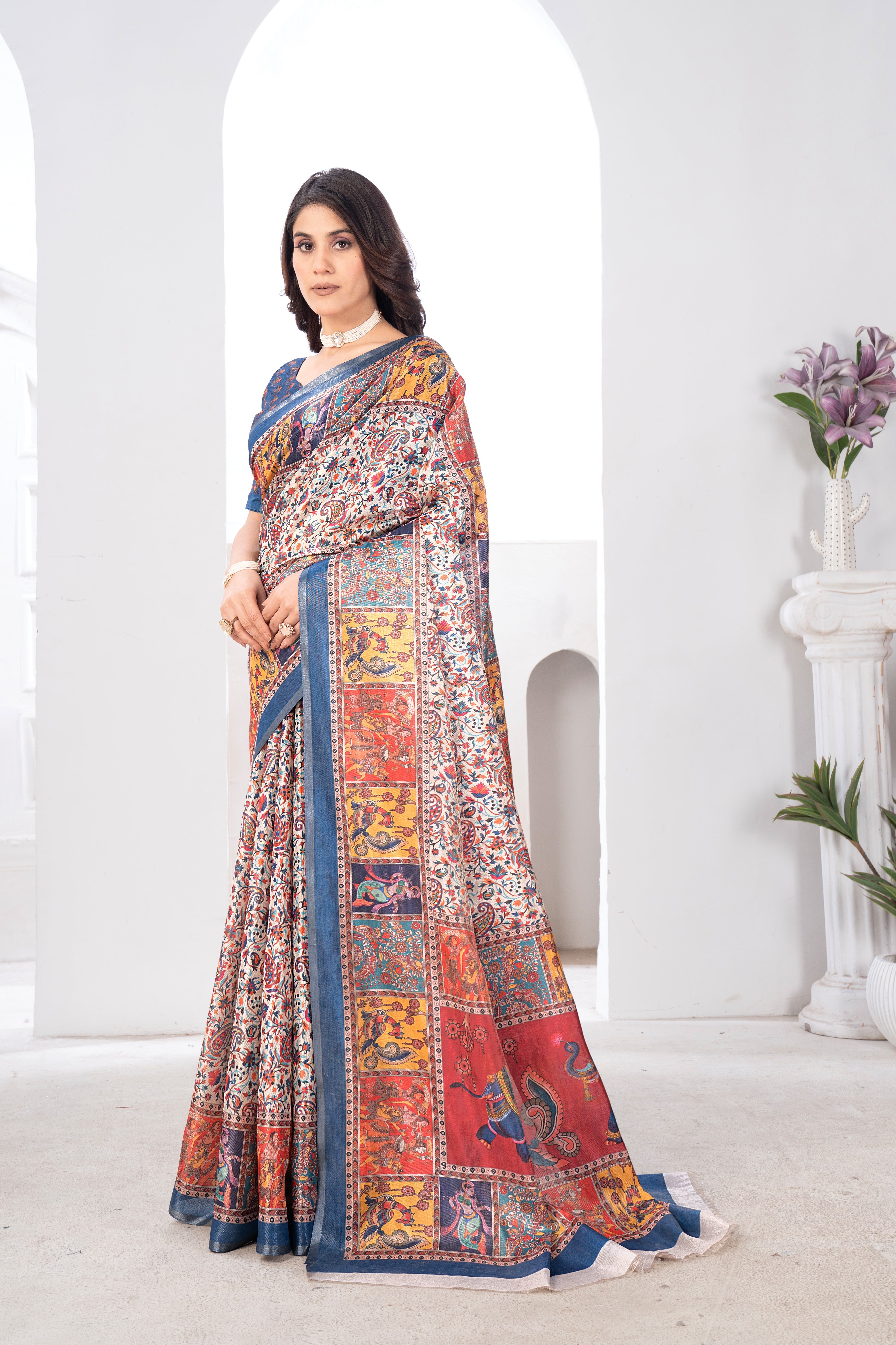 Traditional Kashmiri Bhagalpuri Printed Charcoal Tissue Saree