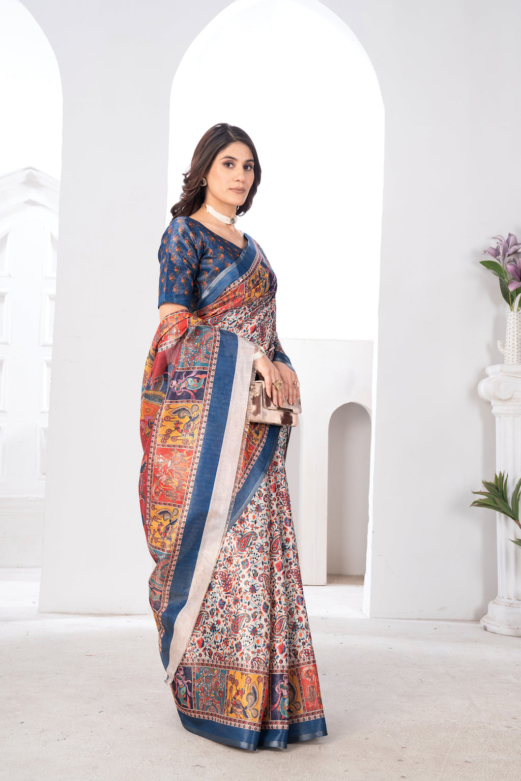 Traditional Kashmiri Bhagalpuri Printed Charcoal Tissue Saree