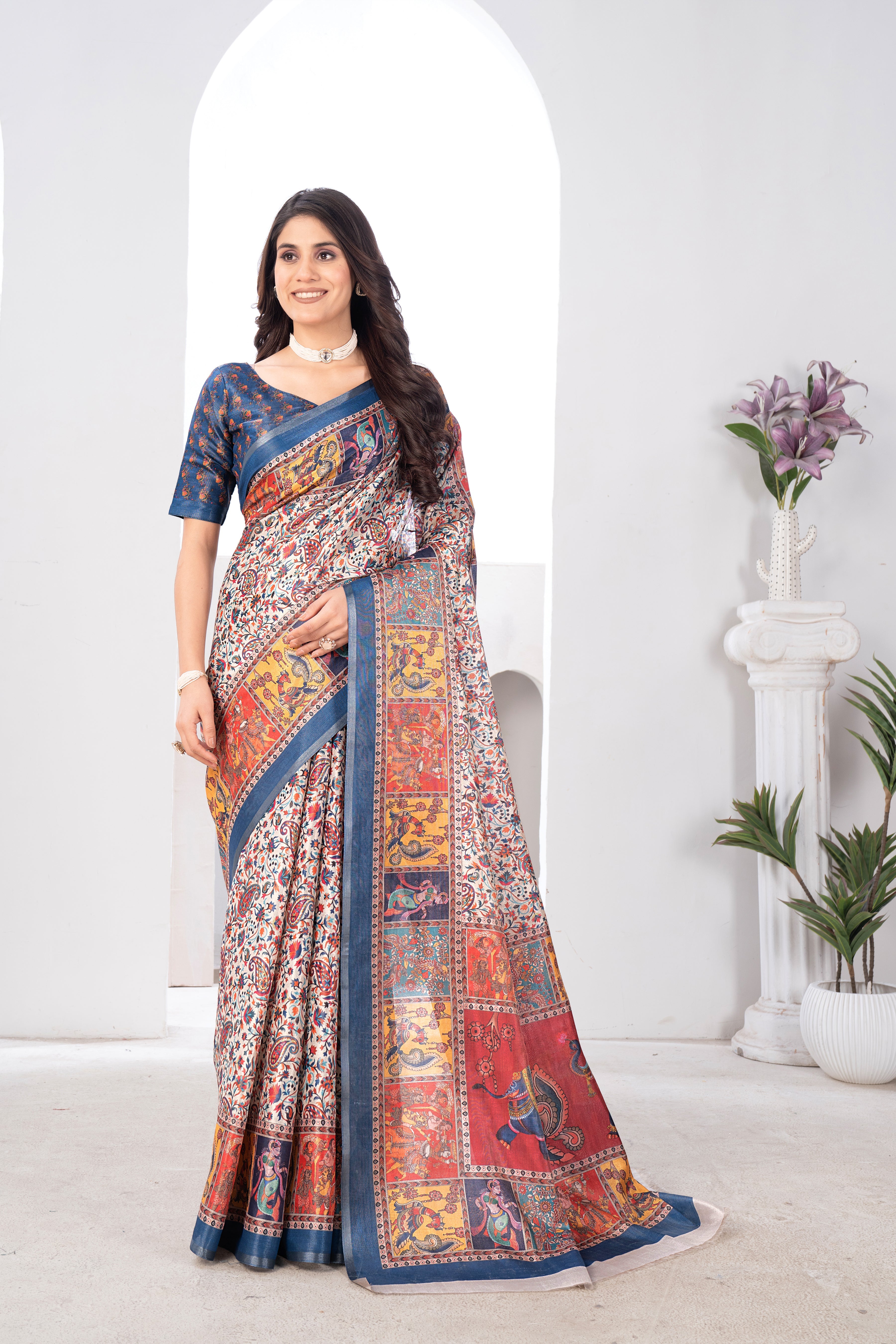 Traditional Kashmiri Bhagalpuri Printed Charcoal Tissue Saree