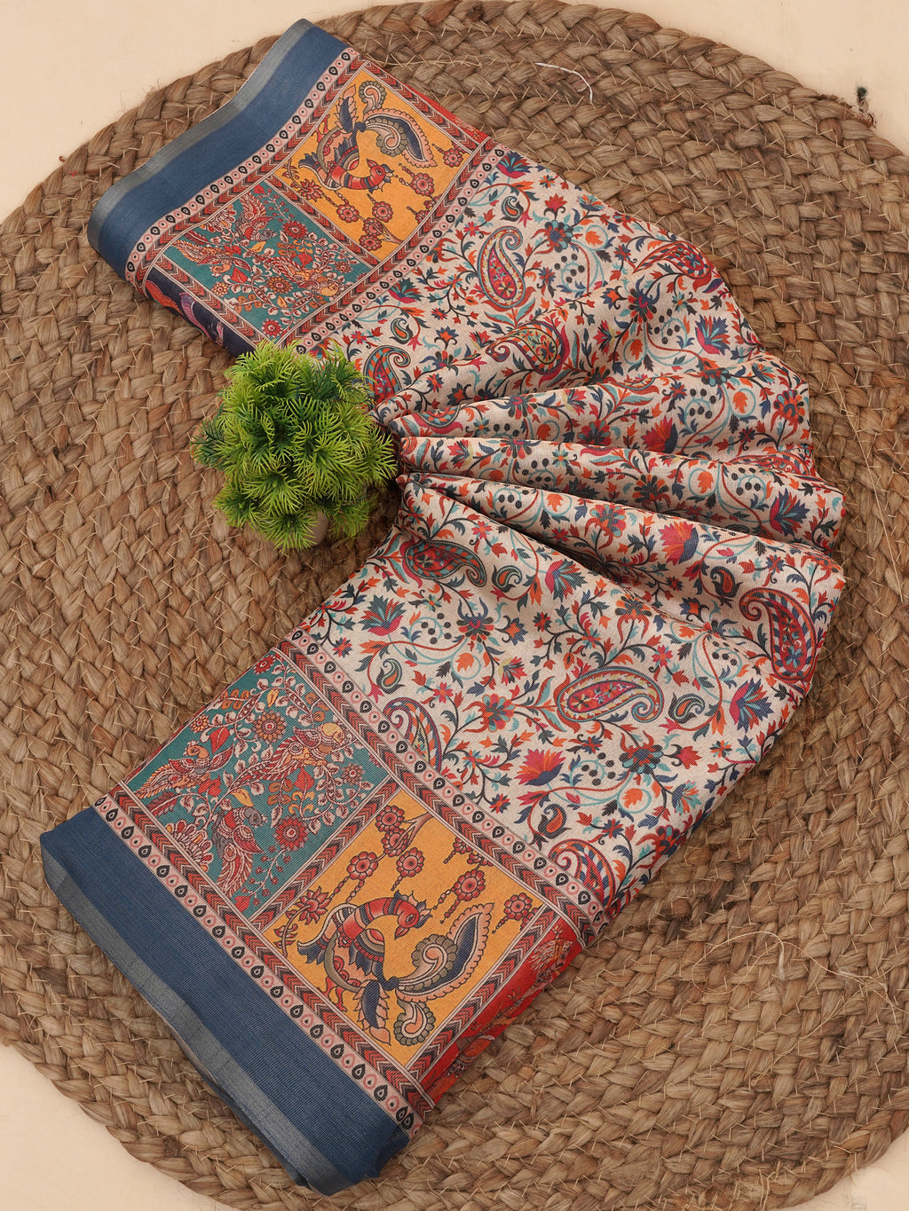 Traditional Kashmiri Bhagalpuri Printed Charcoal Tissue Saree