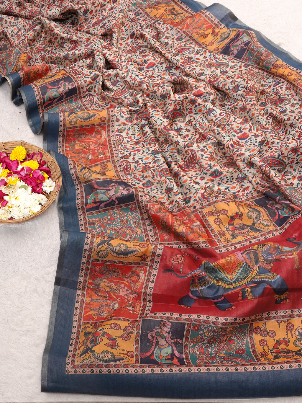 Traditional Kashmiri Bhagalpuri Printed Charcoal Tissue Saree