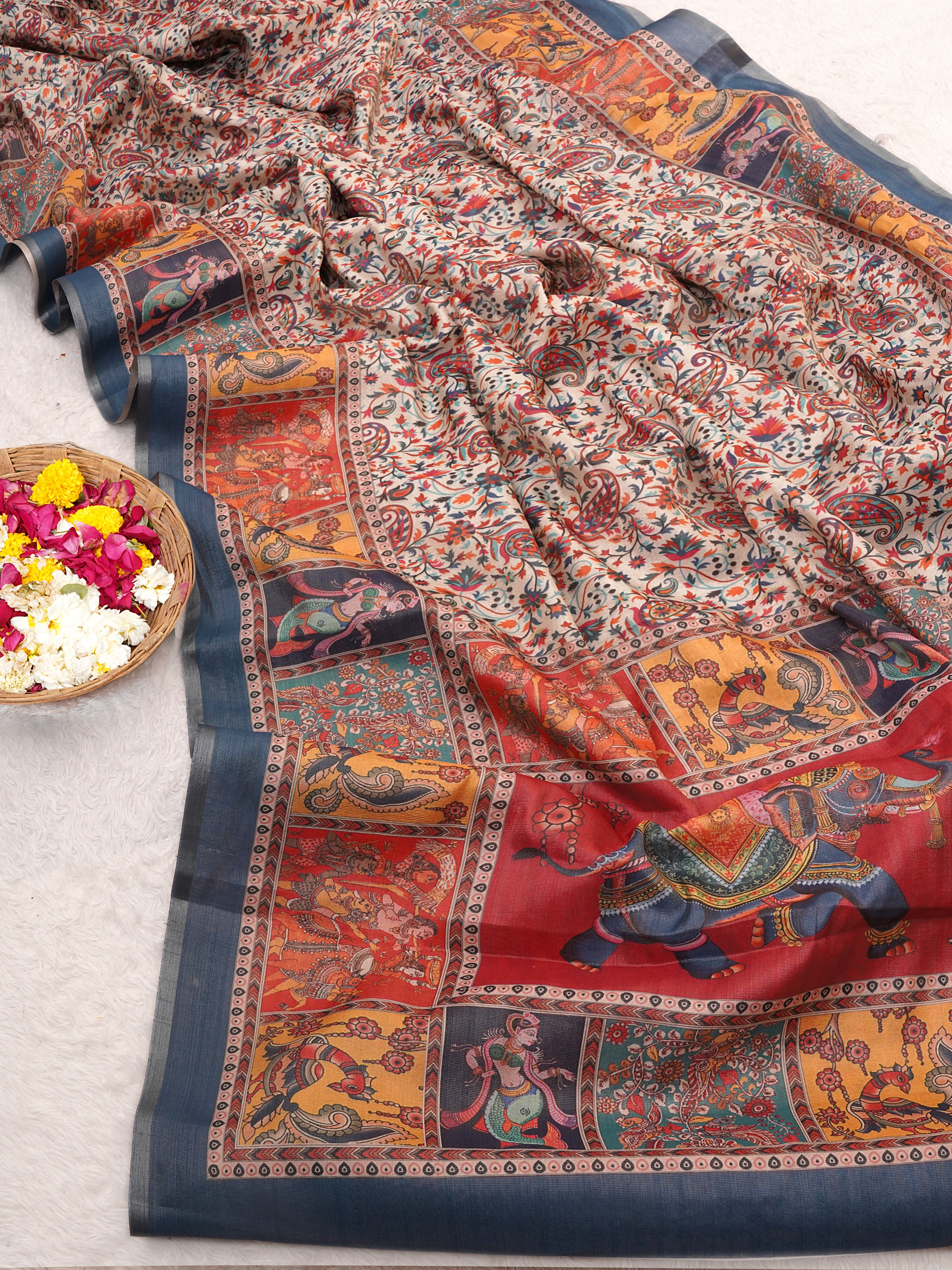 Traditional Kashmiri Bhagalpuri Printed Charcoal Tissue Saree