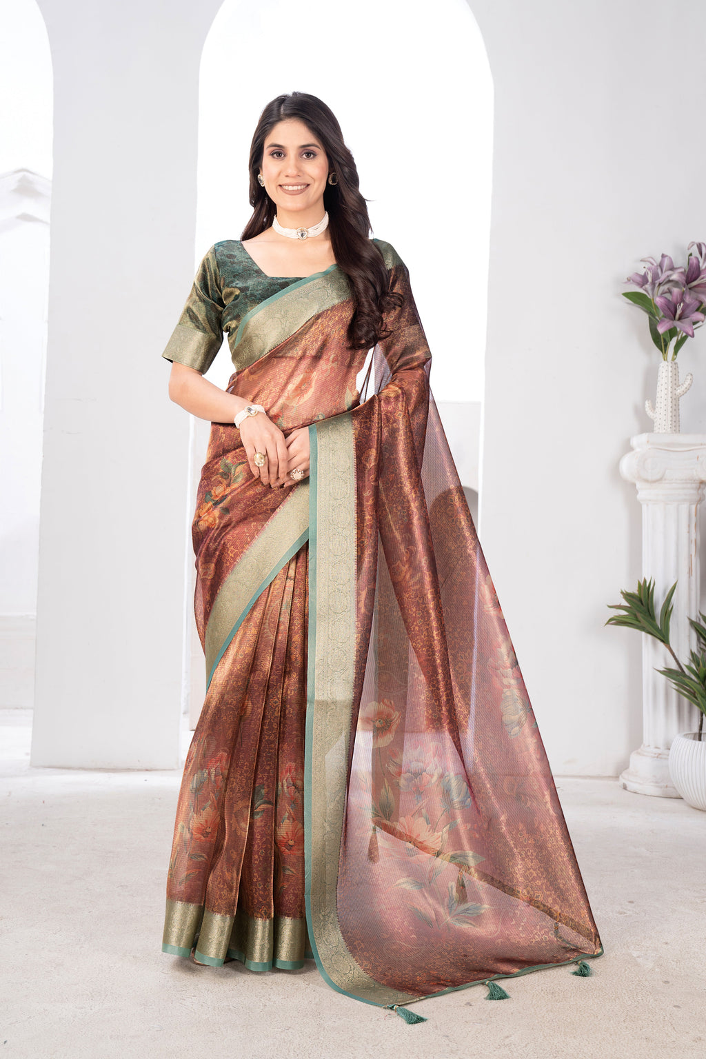 Organza Rust Orange Cotton Digital Floral Saree