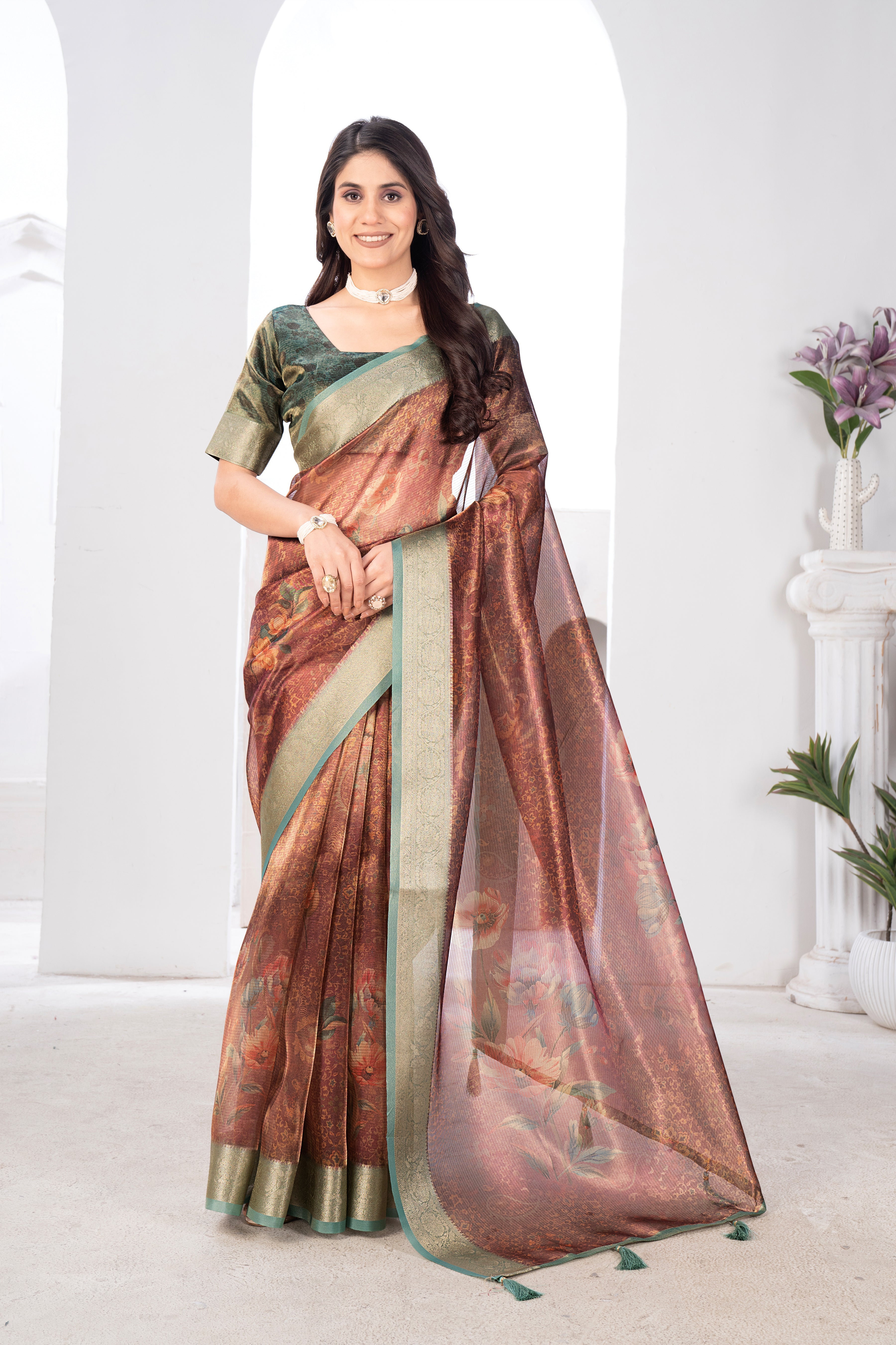 Organza Rust Orange Cotton Digital Floral Saree
