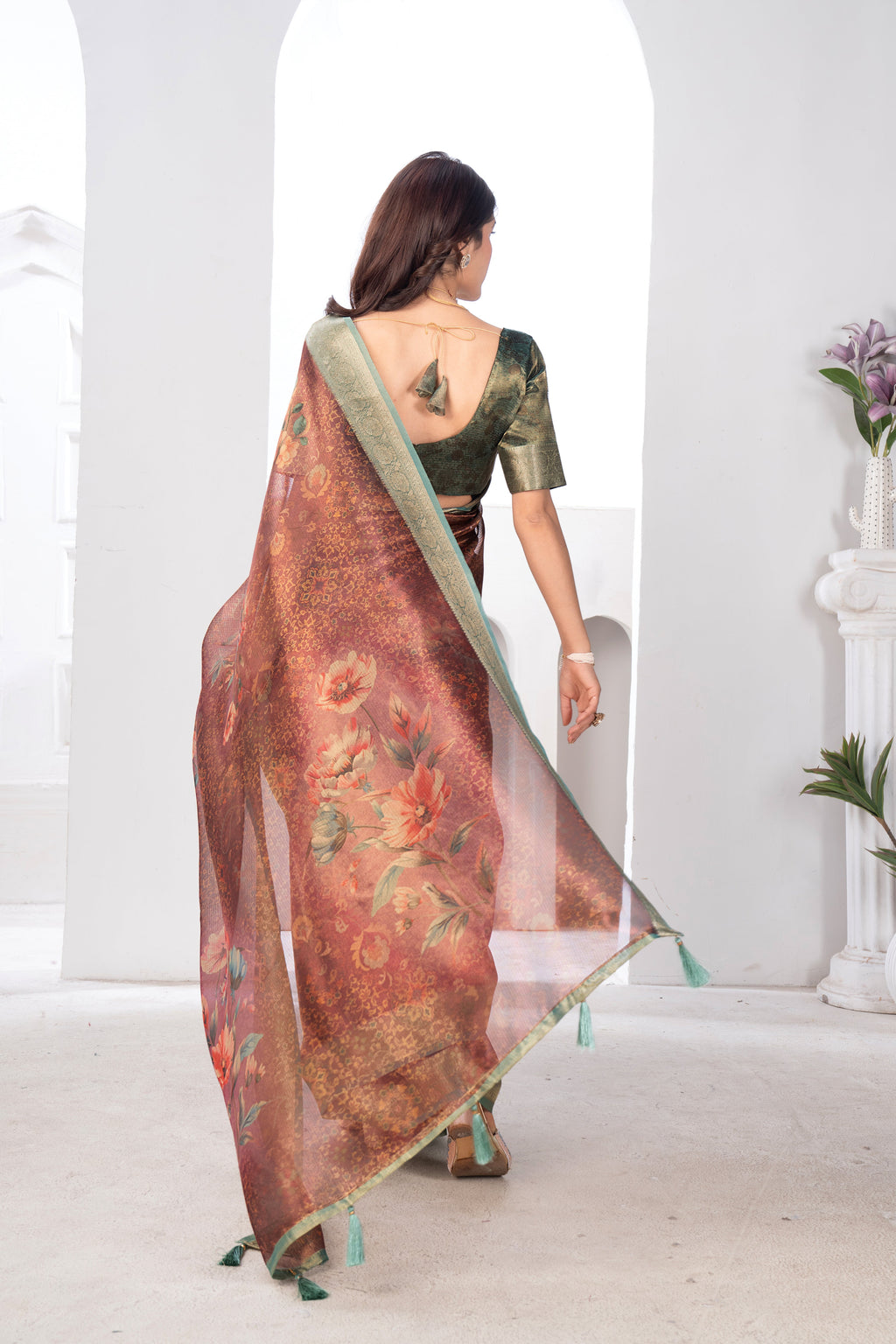 Organza Rust Orange Cotton Digital Floral Saree