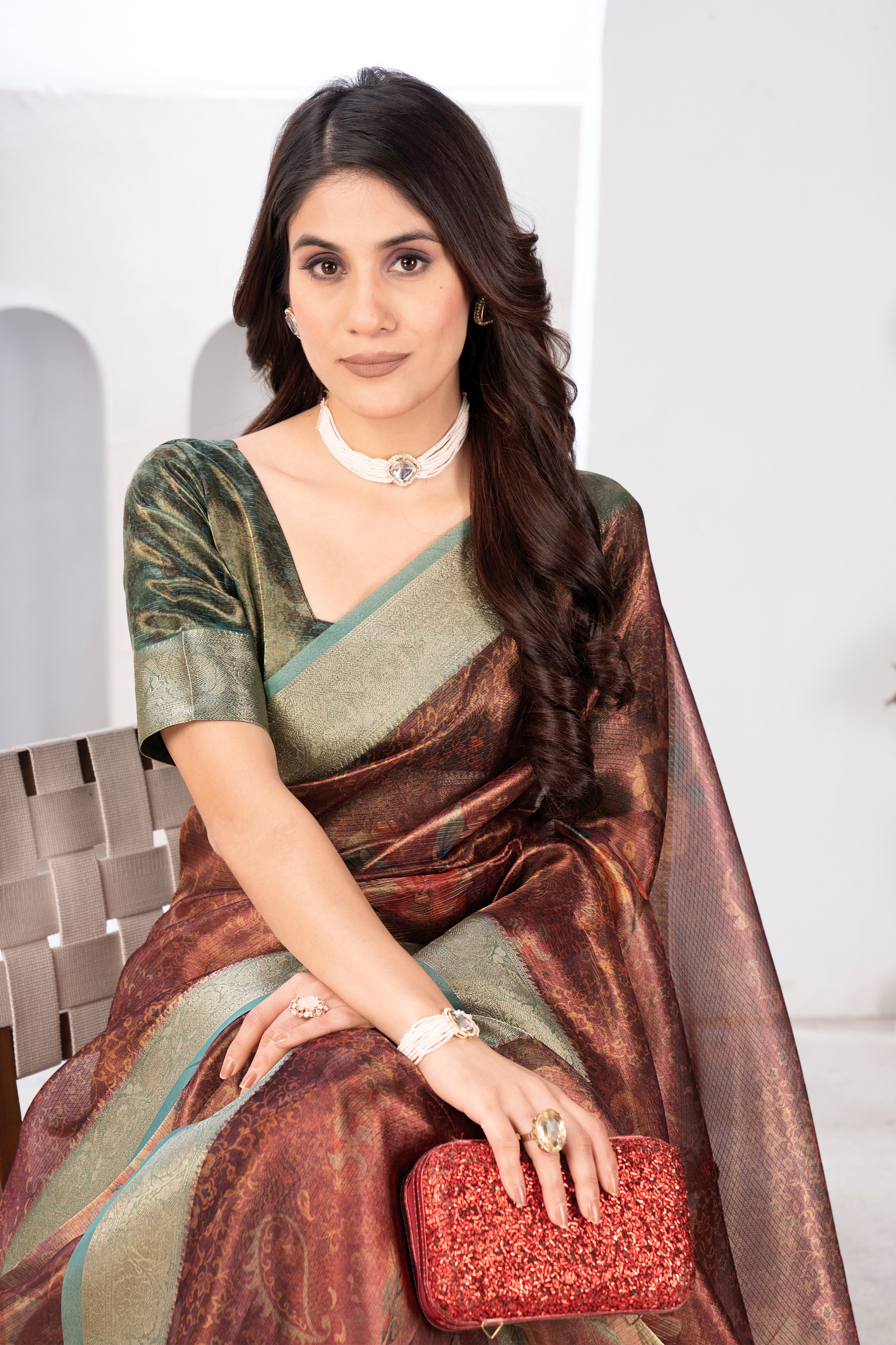 Organza Rust Orange Cotton Digital Floral Saree