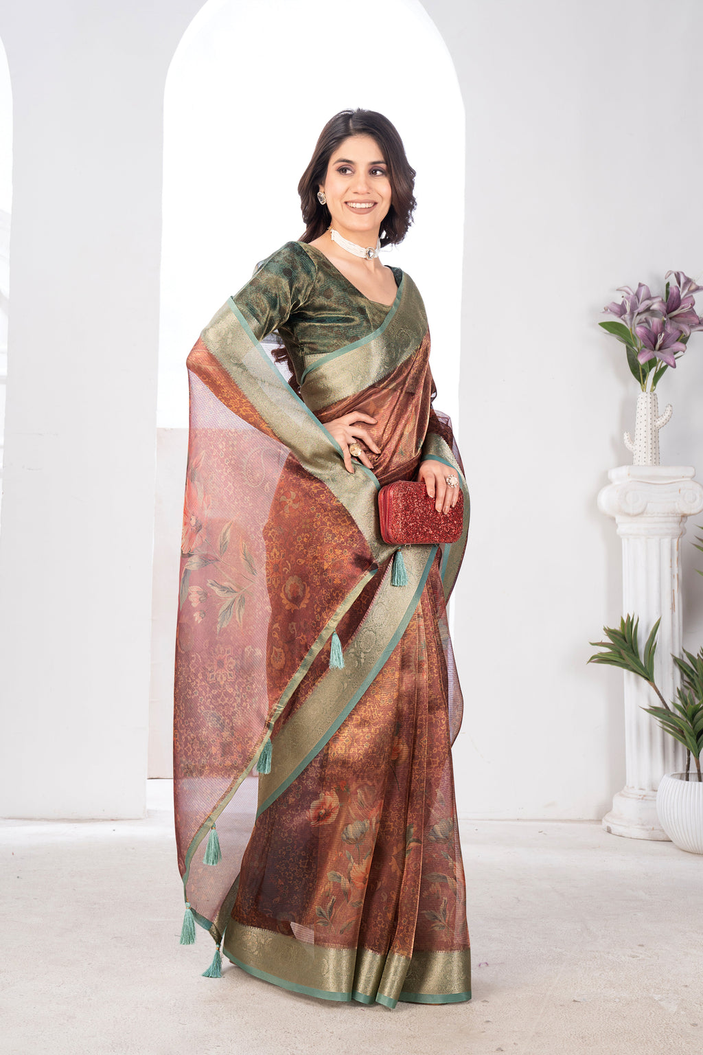 Organza Rust Orange Cotton Digital Floral Saree