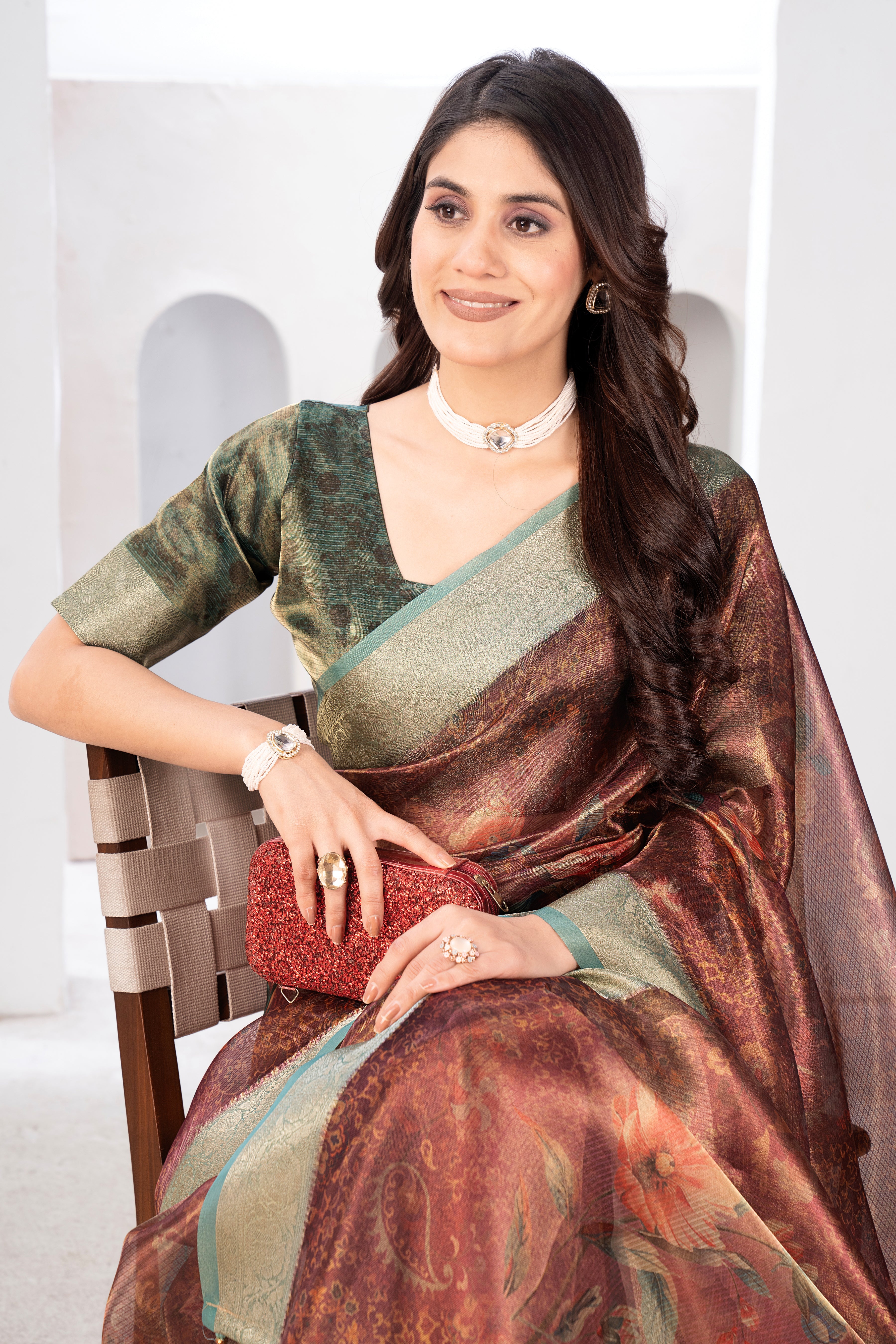 Organza Rust Orange Cotton Digital Floral Saree