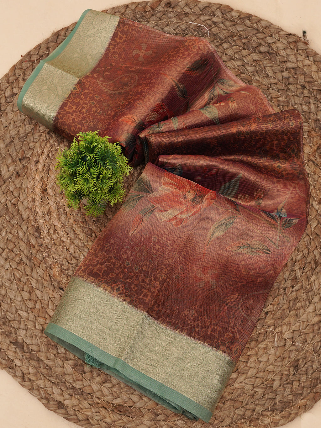 Organza Rust Orange Cotton Digital Floral Saree