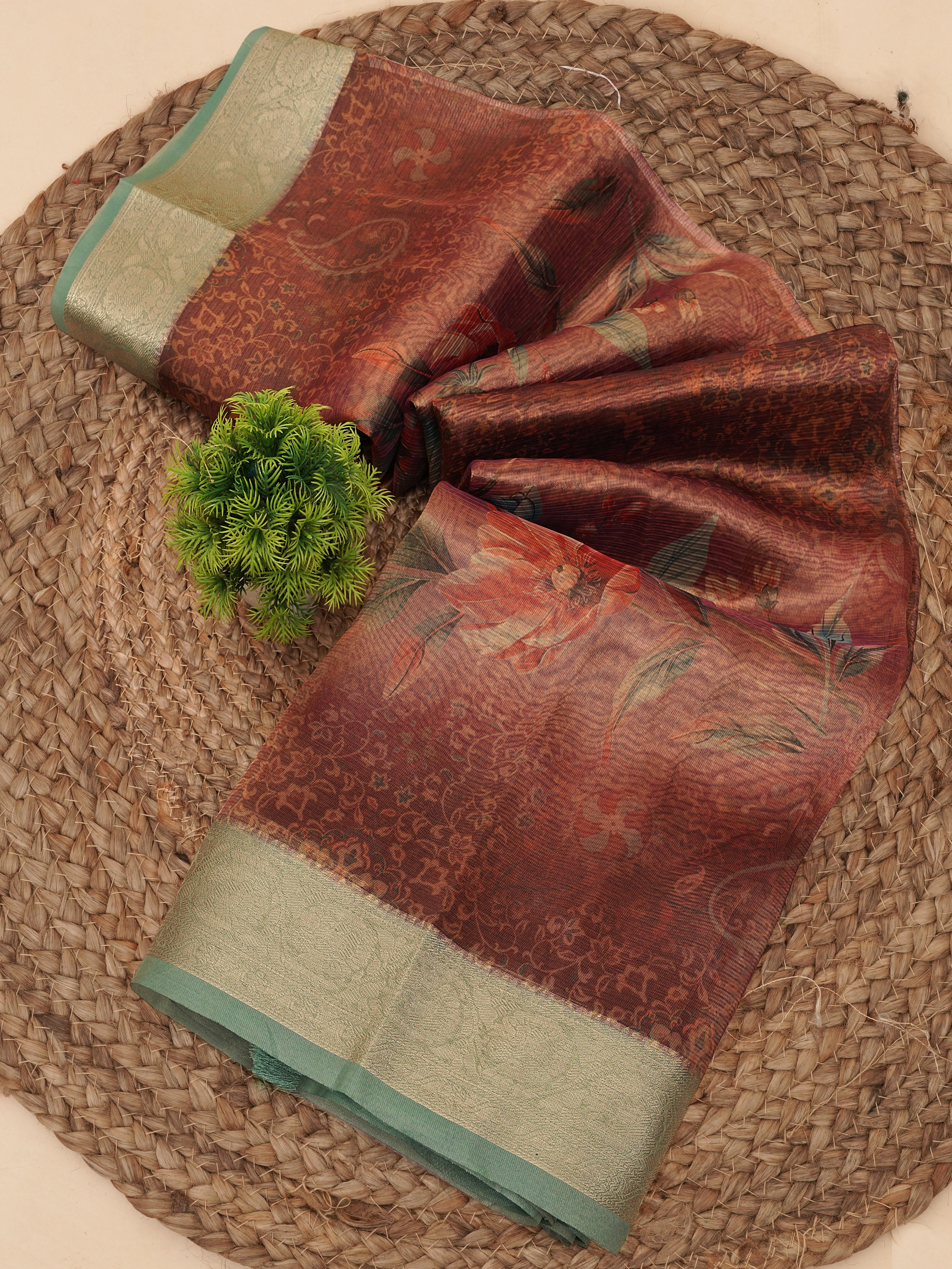 Organza Rust Orange Cotton Digital Floral Saree