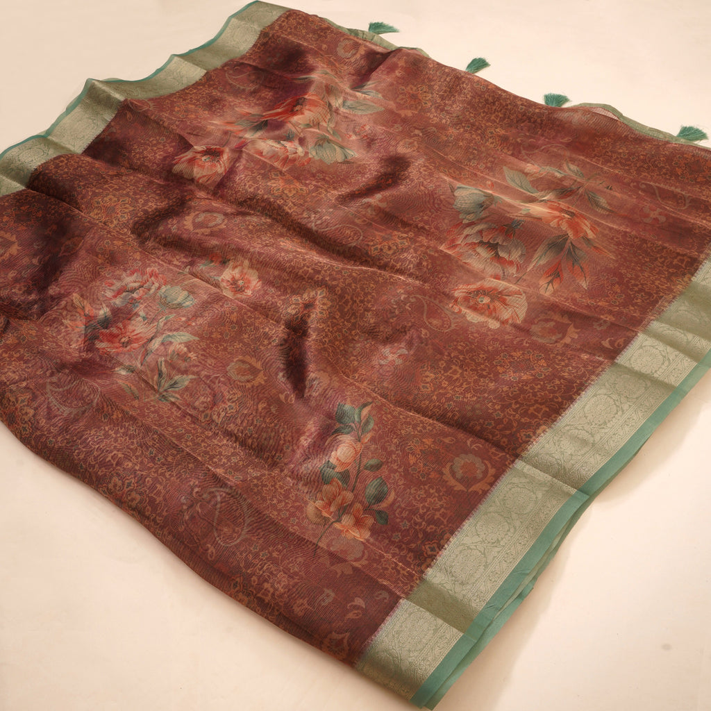 Organza Rust Orange Cotton Digital Floral Saree