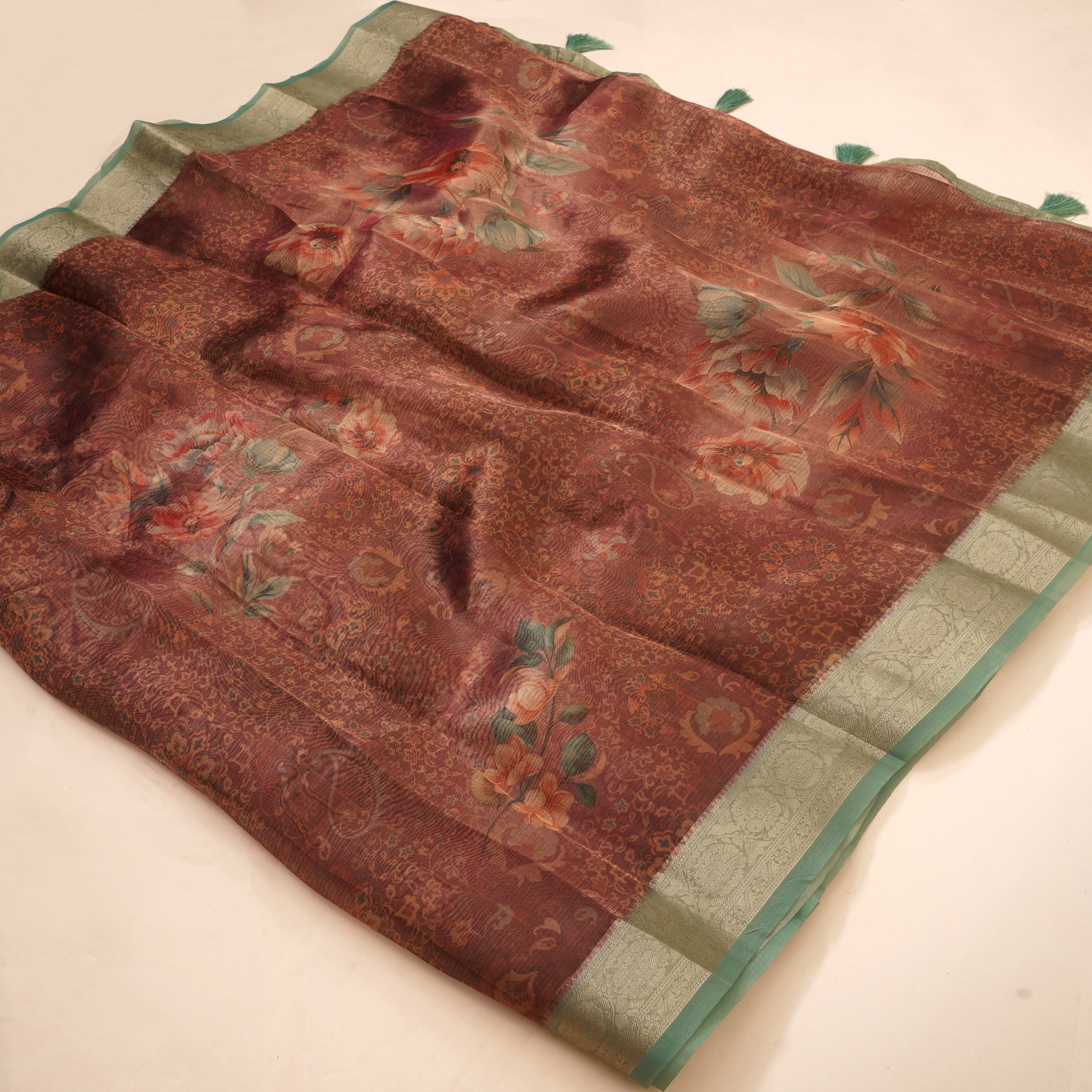 Organza Rust Orange Cotton Digital Floral Saree