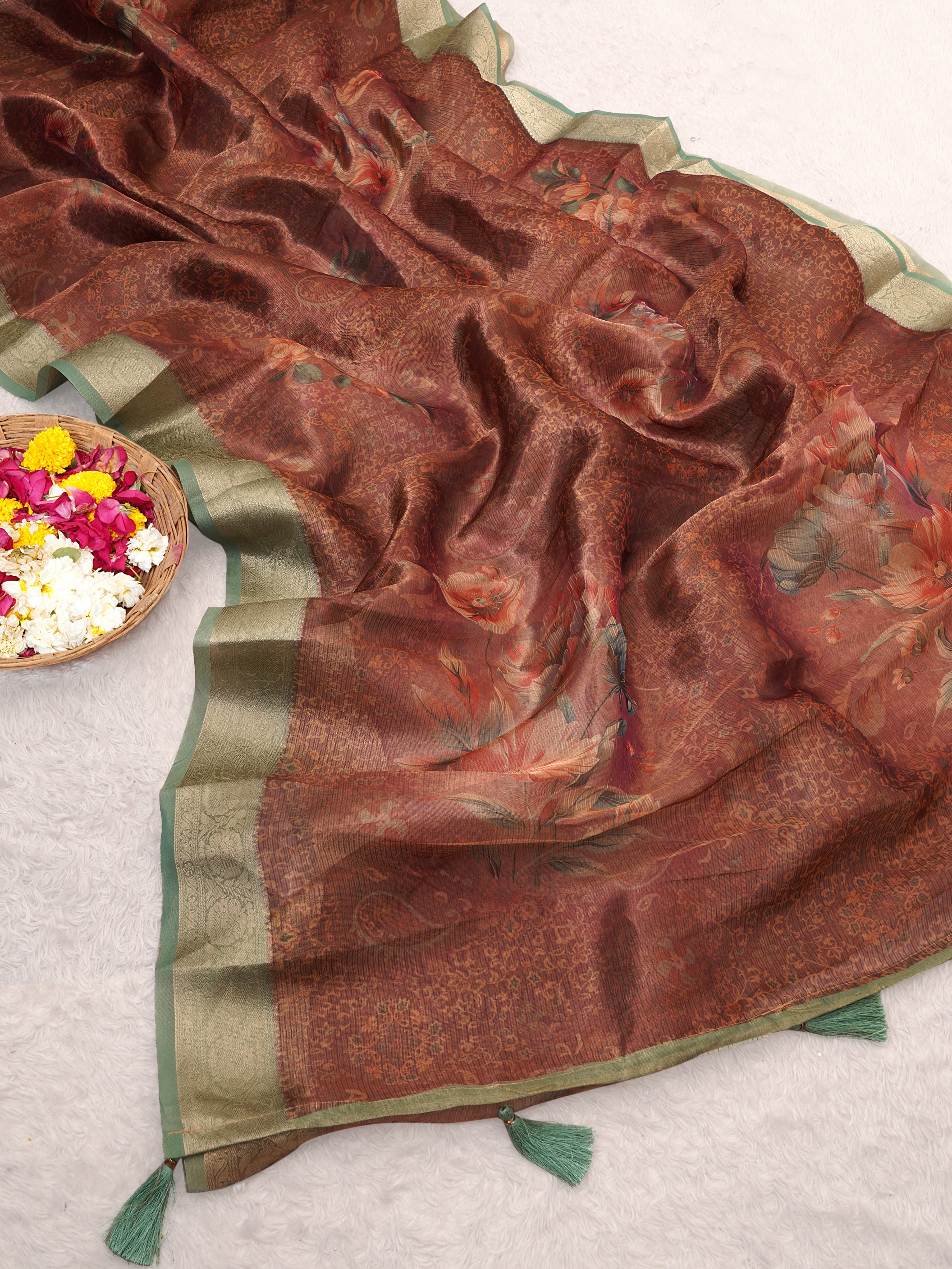 Organza Rust Orange Cotton Digital Floral Saree