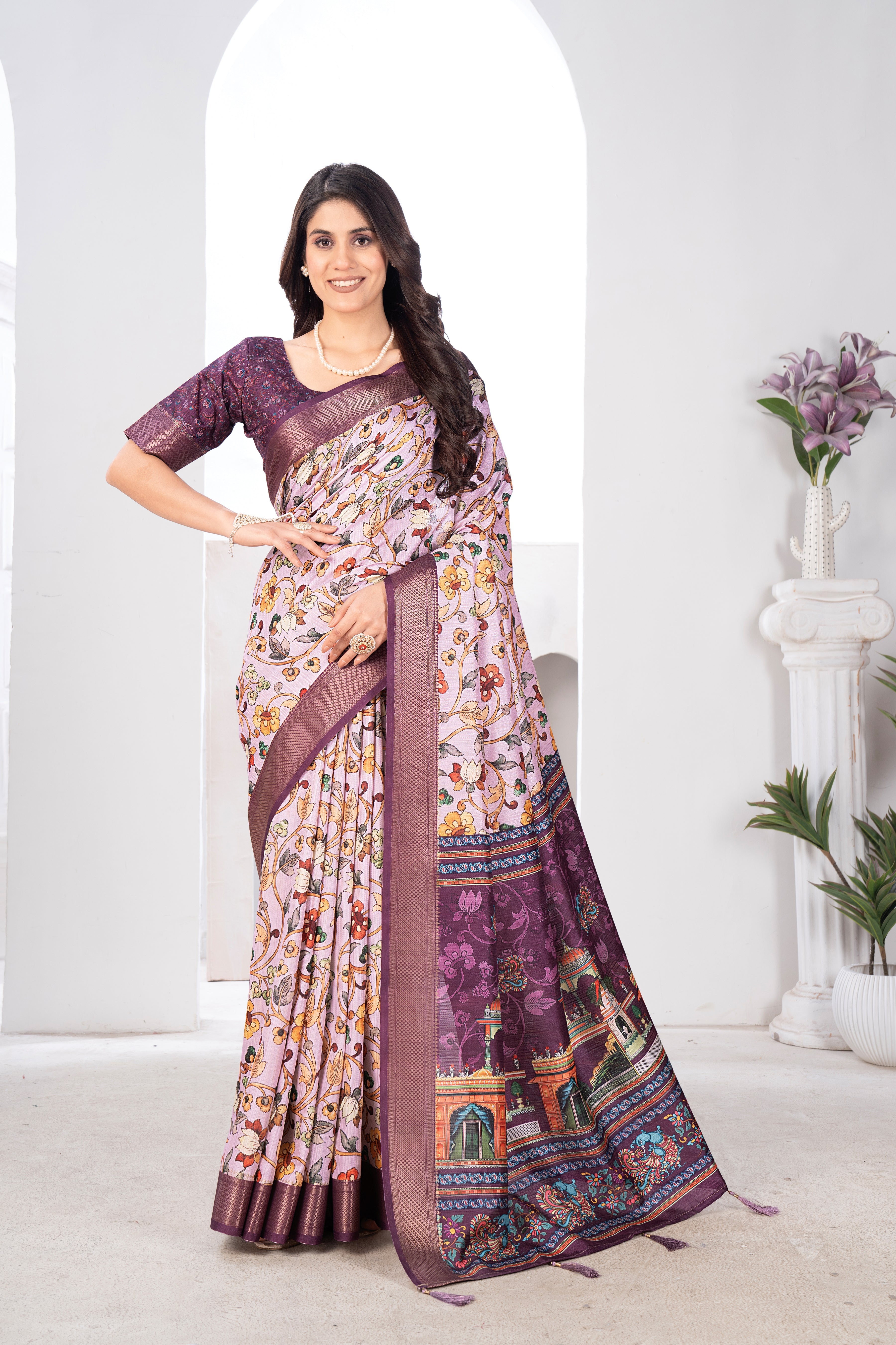 Gajari Bhagalpuri Kalamkari Spun Cotton Zari Digital Print Saree