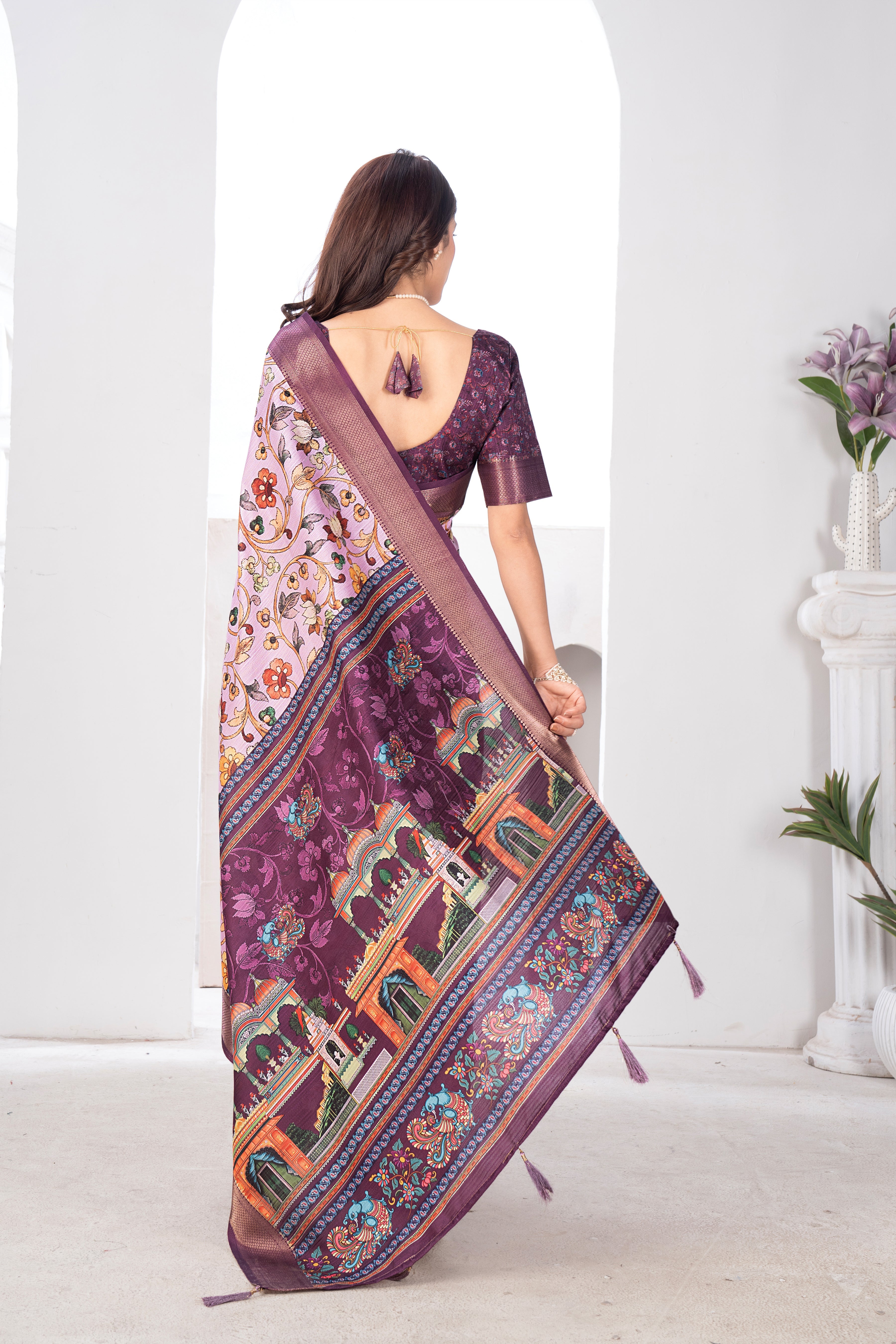 Gajari Bhagalpuri Kalamkari Spun Cotton Zari Digital Print Saree