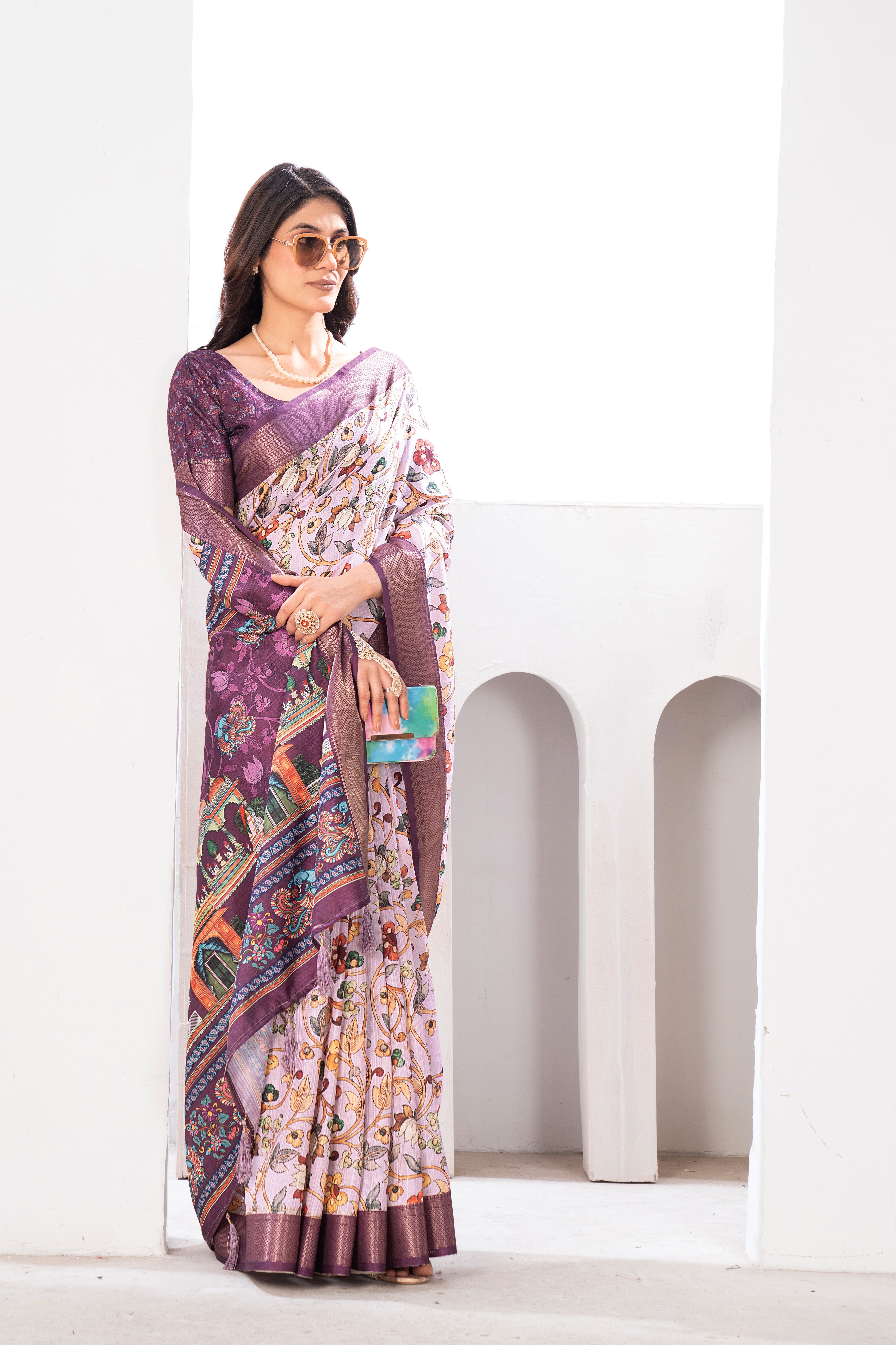 Gajari Bhagalpuri Kalamkari Spun Cotton Zari Digital Print Saree