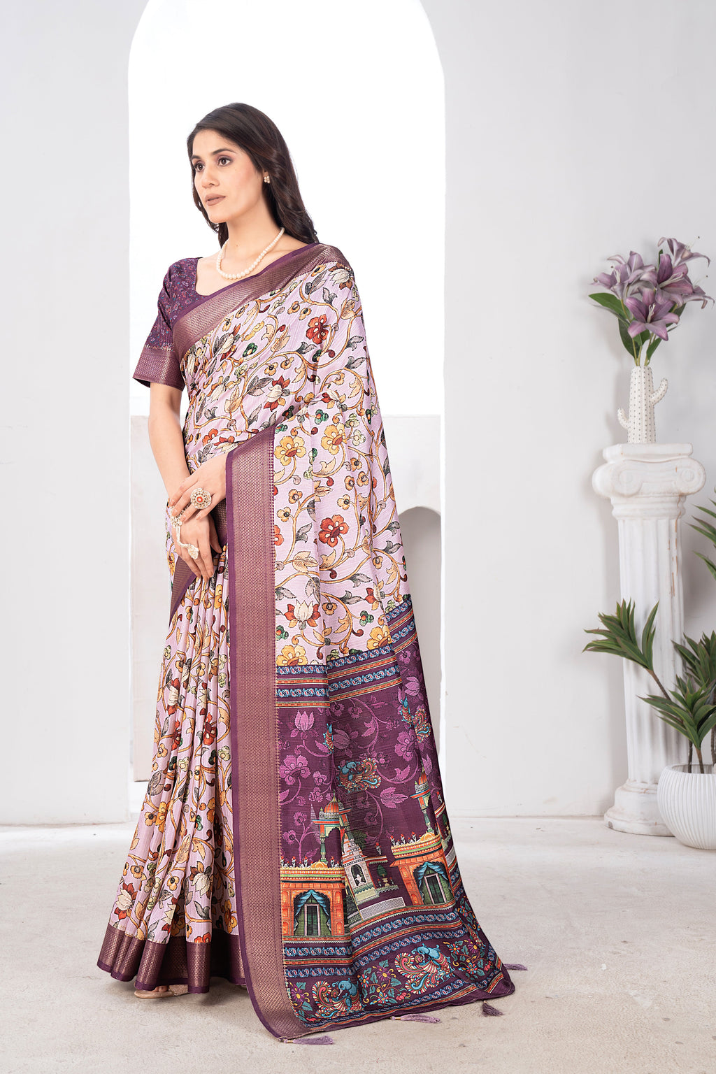 Gajari Bhagalpuri Kalamkari Spun Cotton Zari Digital Print Saree