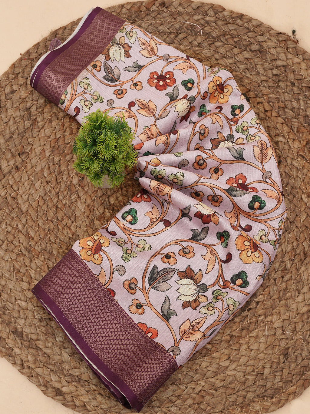 Gajari Bhagalpuri Kalamkari Spun Cotton Zari Digital Print Saree