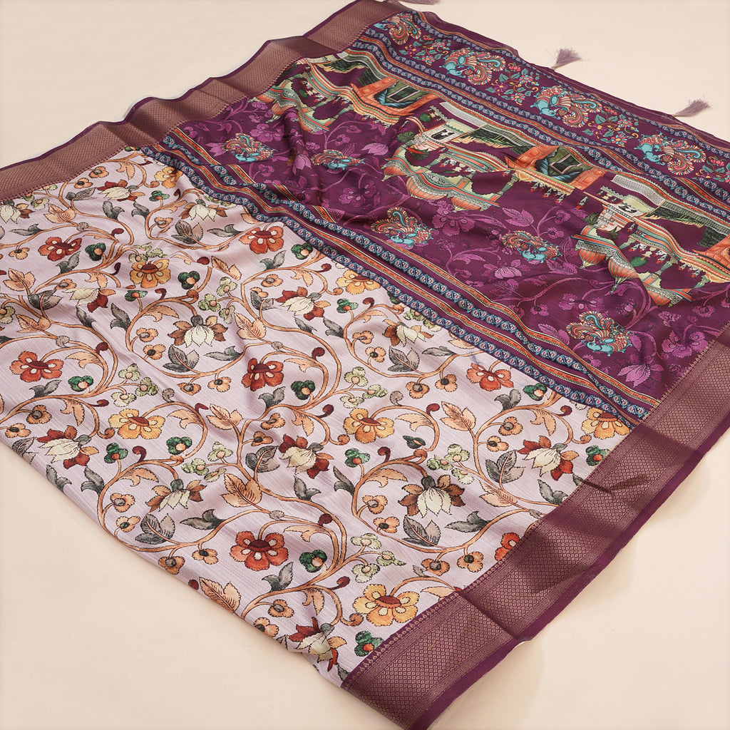 Gajari Bhagalpuri Kalamkari Spun Cotton Zari Digital Print Saree