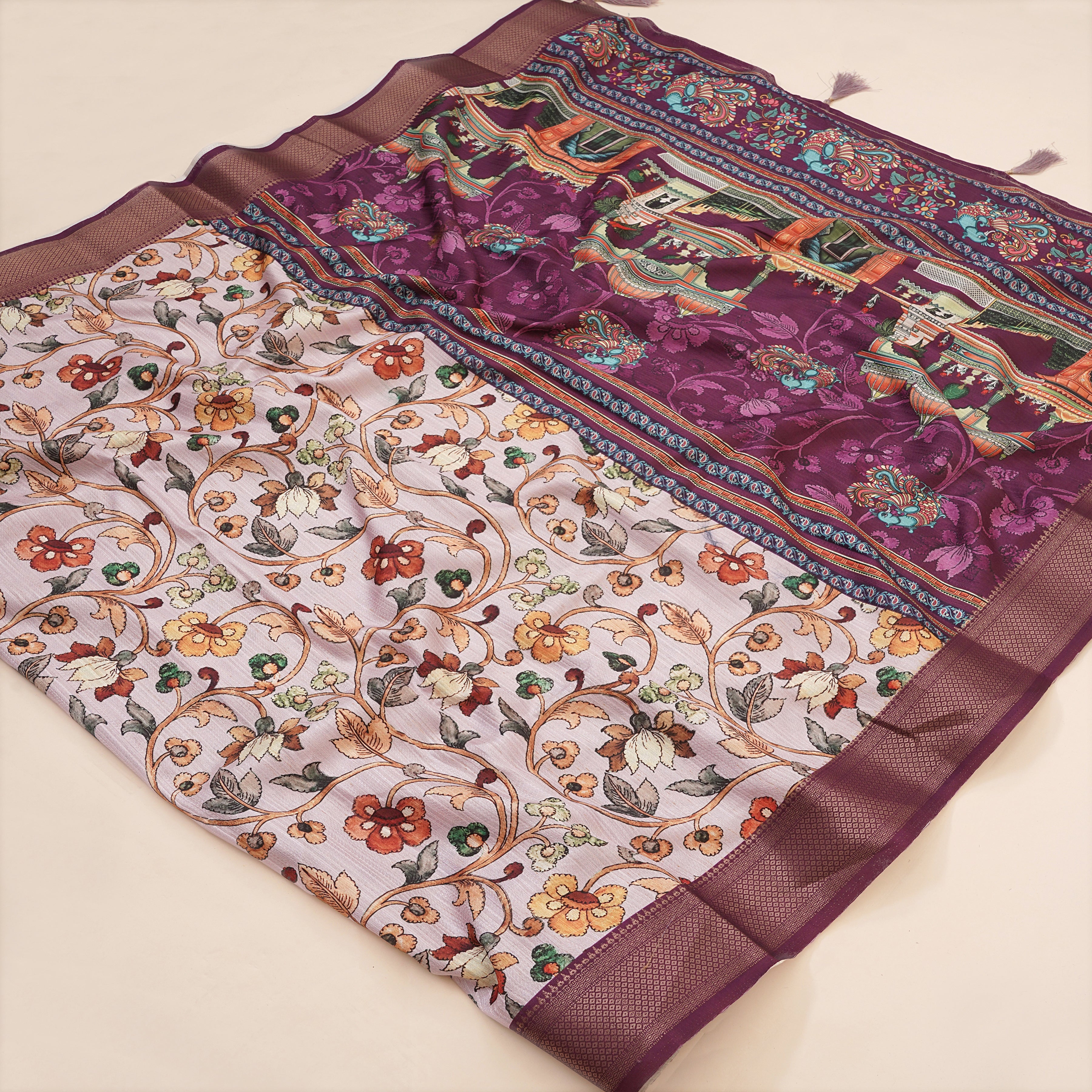 Gajari Bhagalpuri Kalamkari Spun Cotton Zari Digital Print Saree