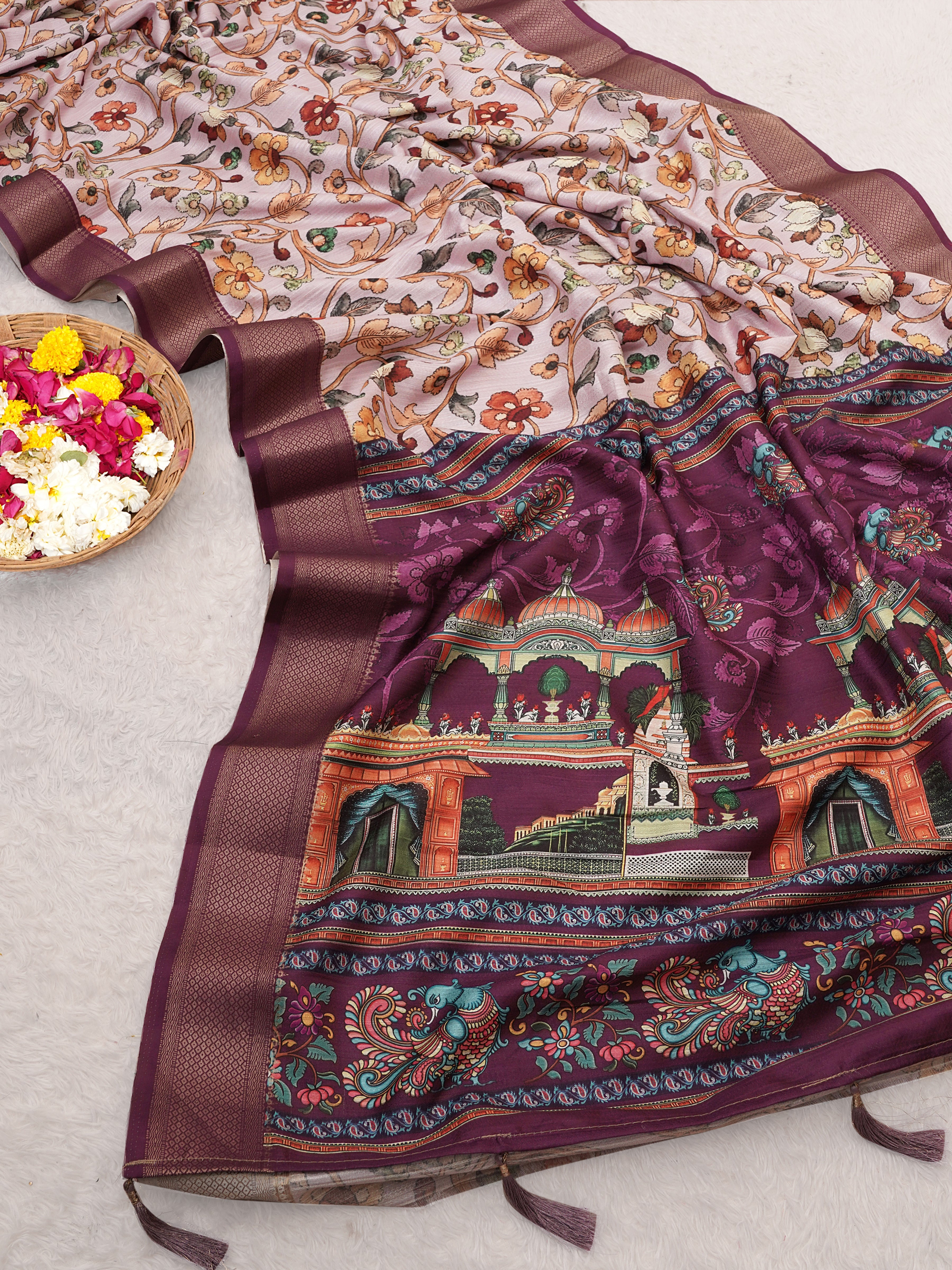 Gajari Bhagalpuri Kalamkari Spun Cotton Zari Digital Print Saree