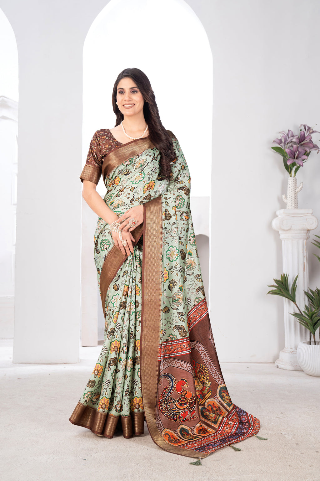 Pista Green Bhagalpuri Kalamkari Spun Cotton Zari Digital Print Saree