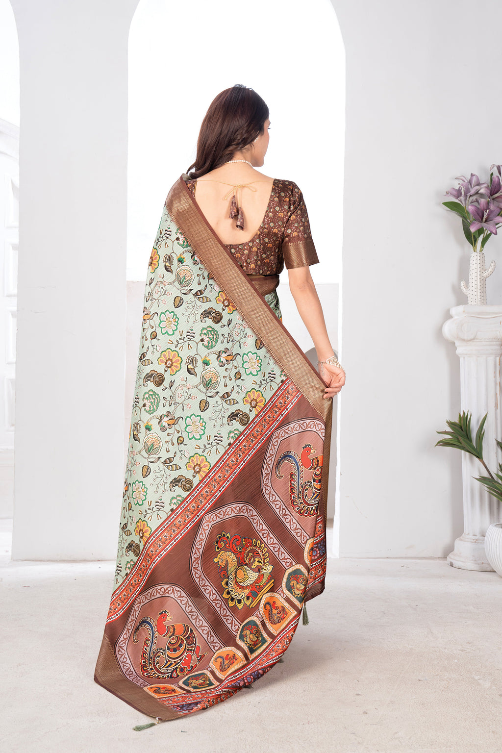 Pista Green Bhagalpuri Kalamkari Spun Cotton Zari Digital Print Saree