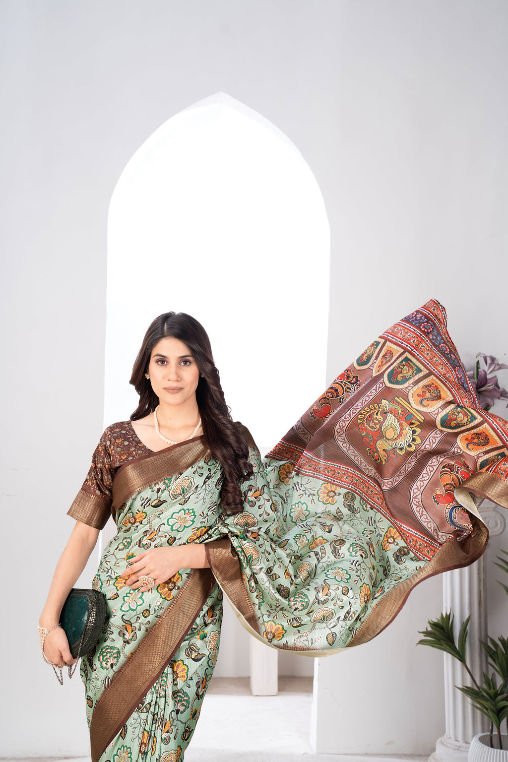 Pista Green Bhagalpuri Kalamkari Spun Cotton Zari Digital Print Saree
