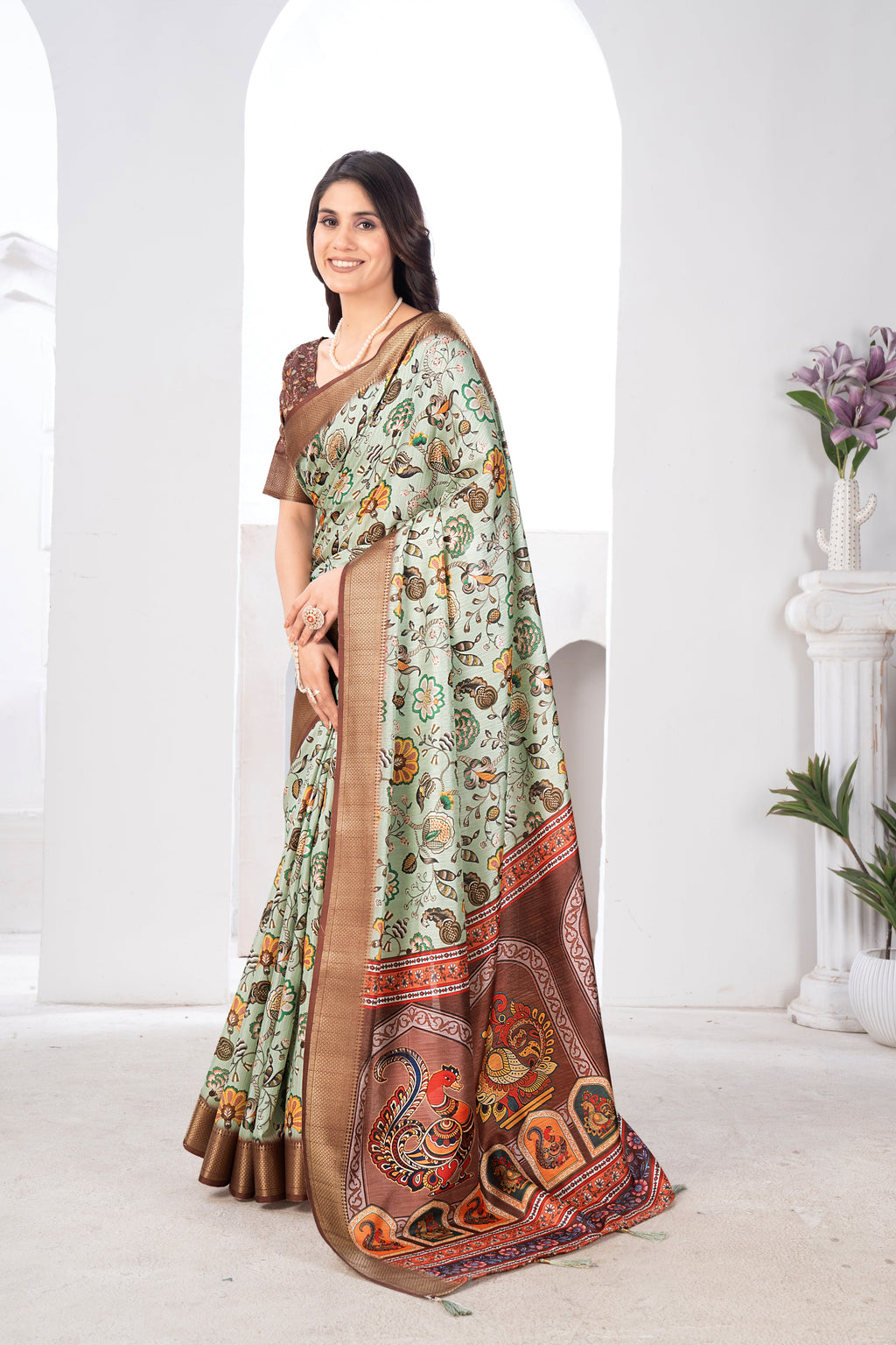 Pista Green Bhagalpuri Kalamkari Spun Cotton Zari Digital Print Saree