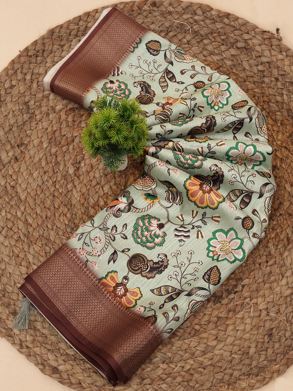 Pista Green Bhagalpuri Kalamkari Spun Cotton Zari Digital Print Saree