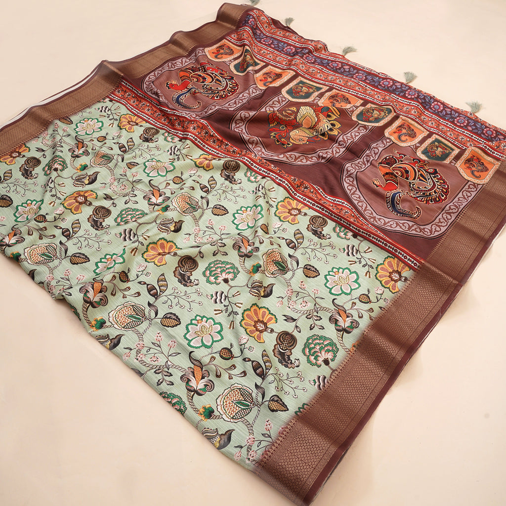 Pista Green Bhagalpuri Kalamkari Spun Cotton Zari Digital Print Saree
