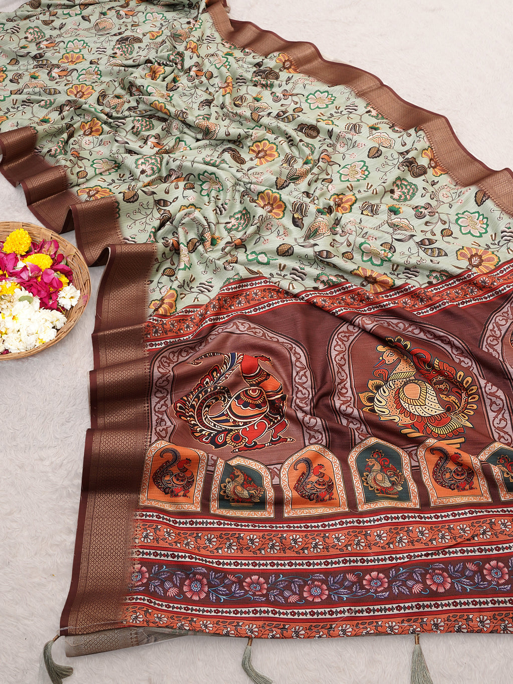 Pista Green Bhagalpuri Kalamkari Spun Cotton Zari Digital Print Saree