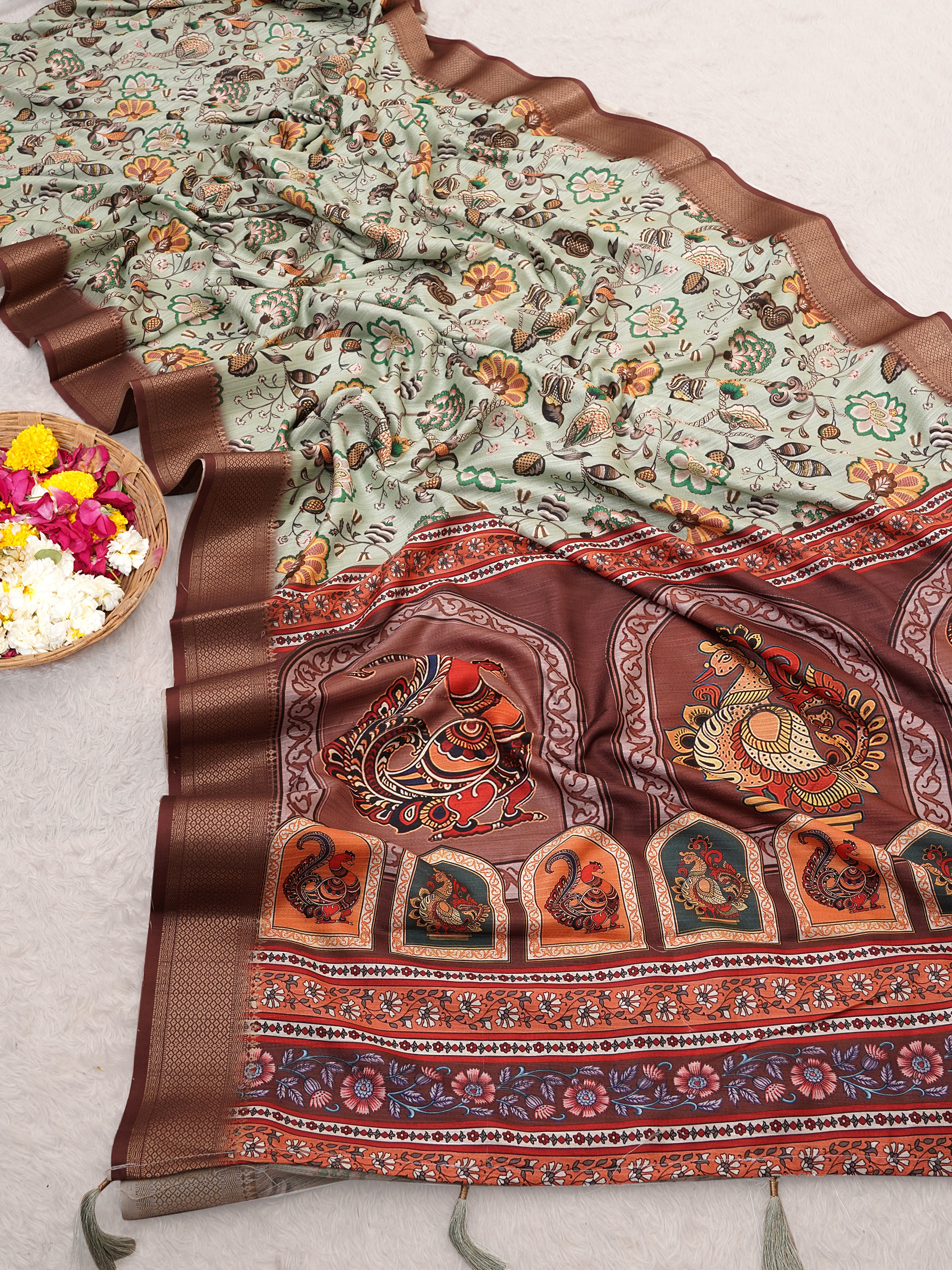 Pista Green Bhagalpuri Kalamkari Spun Cotton Zari Digital Print Saree