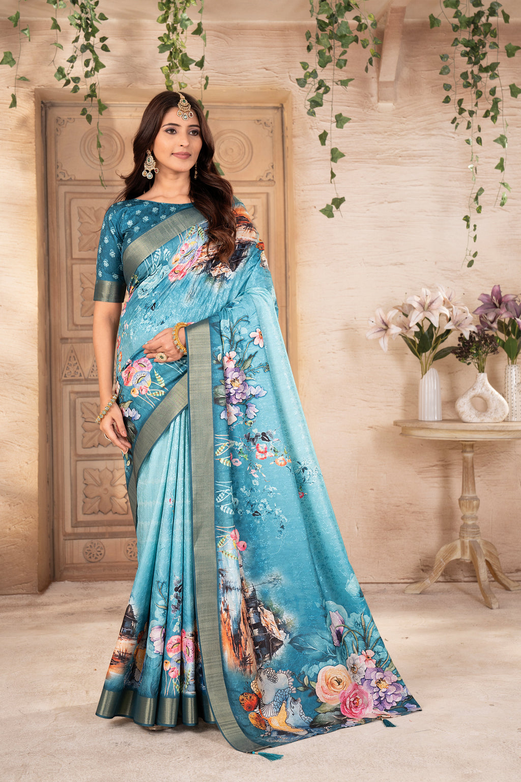 Rama Blue Digital Printed Self Jacquard Saree