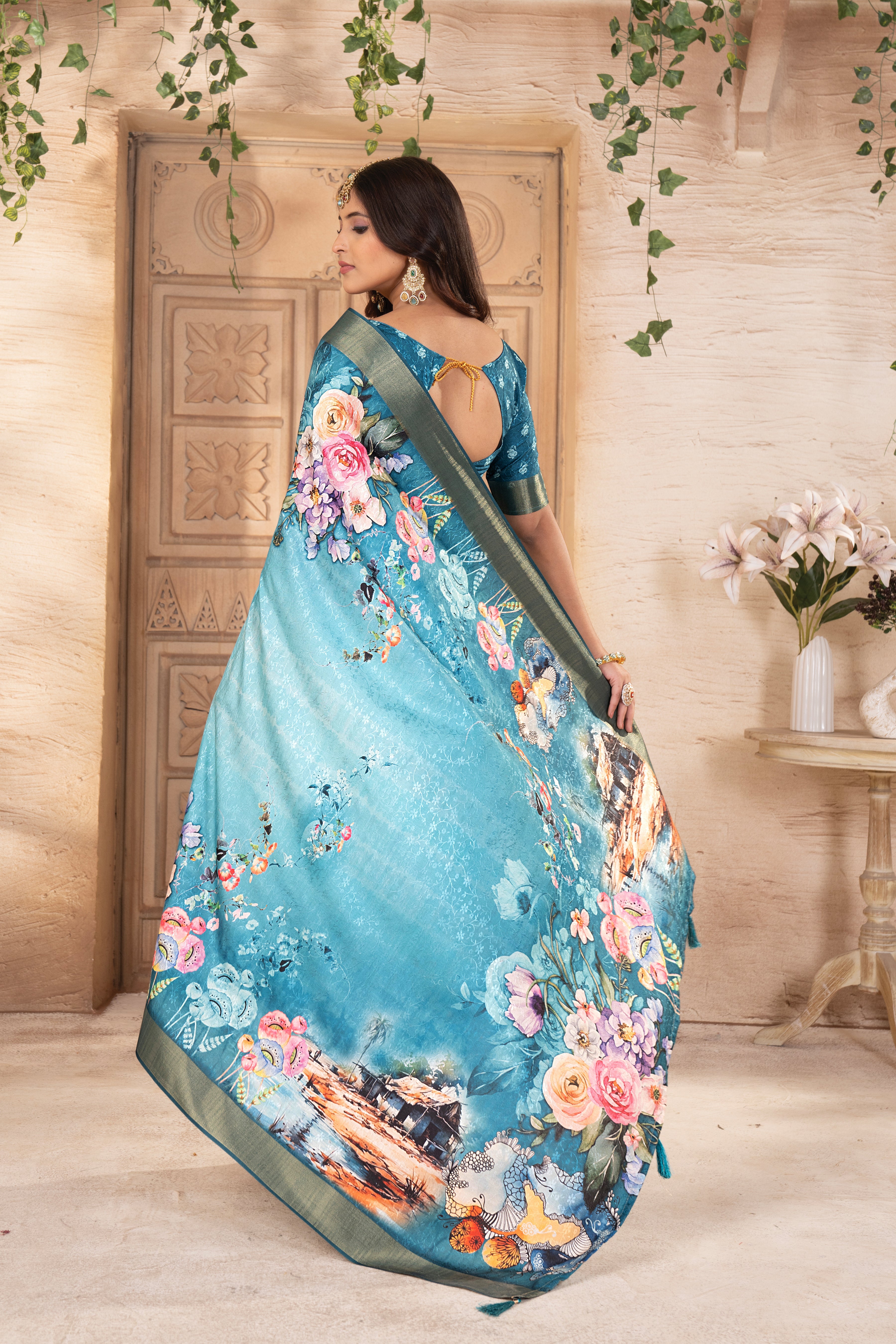 Rama Blue Digital Printed Self Jacquard Saree
