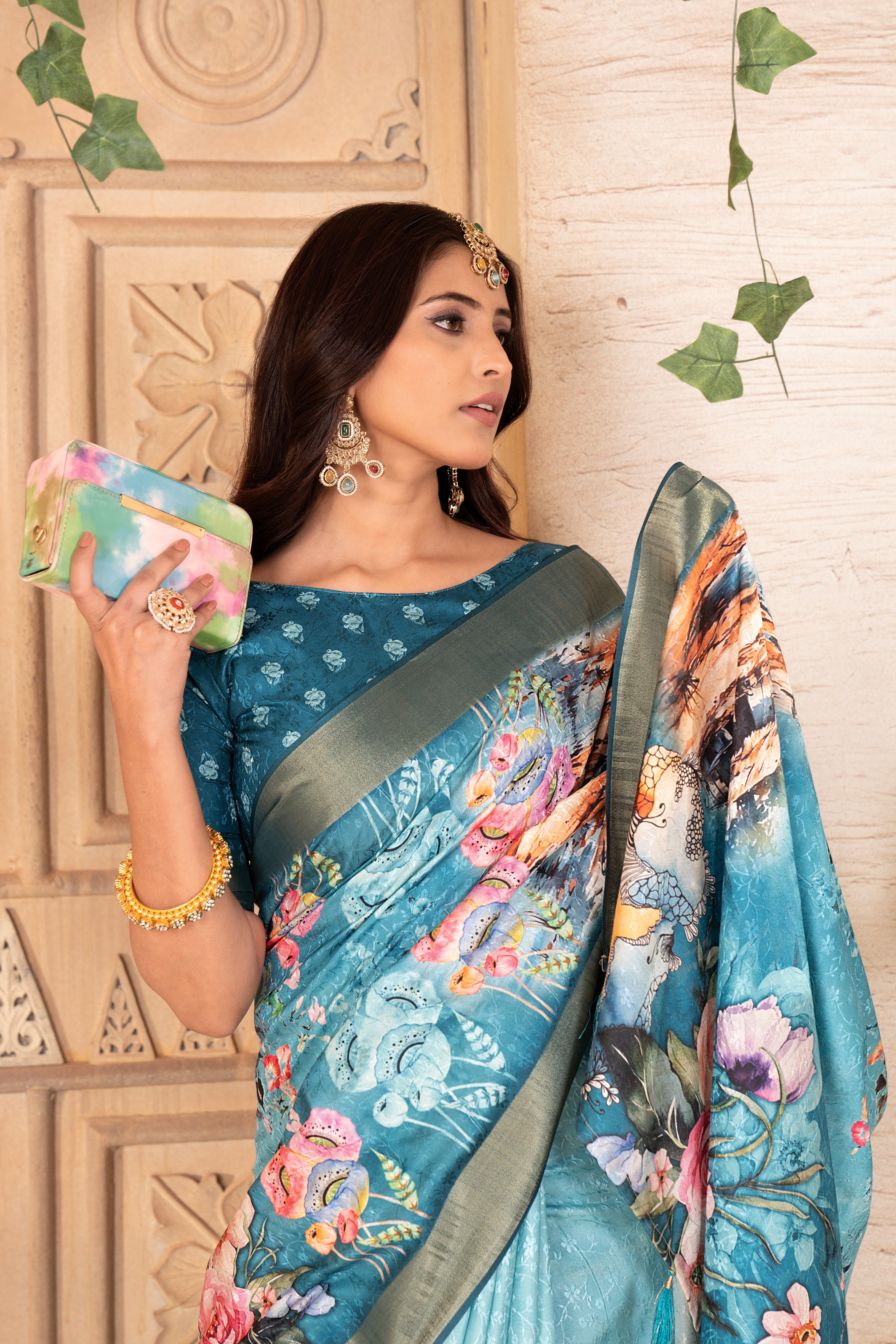 Rama Blue Digital Printed Self Jacquard Saree
