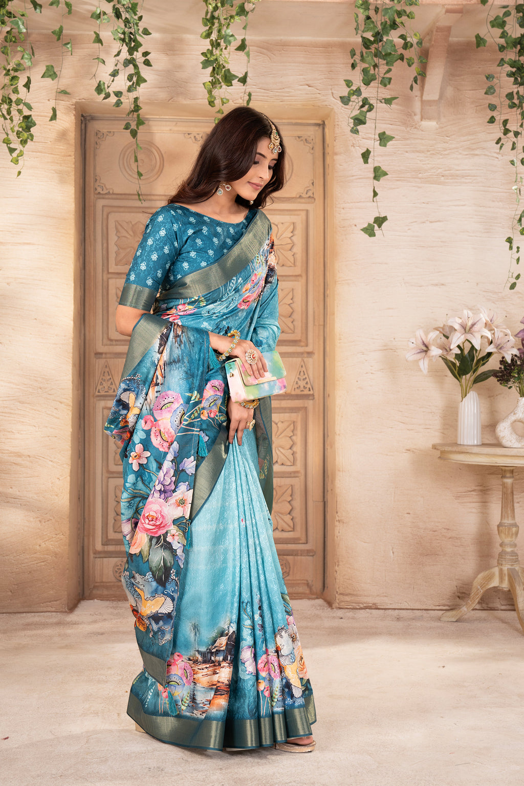 Rama Blue Digital Printed Self Jacquard Saree