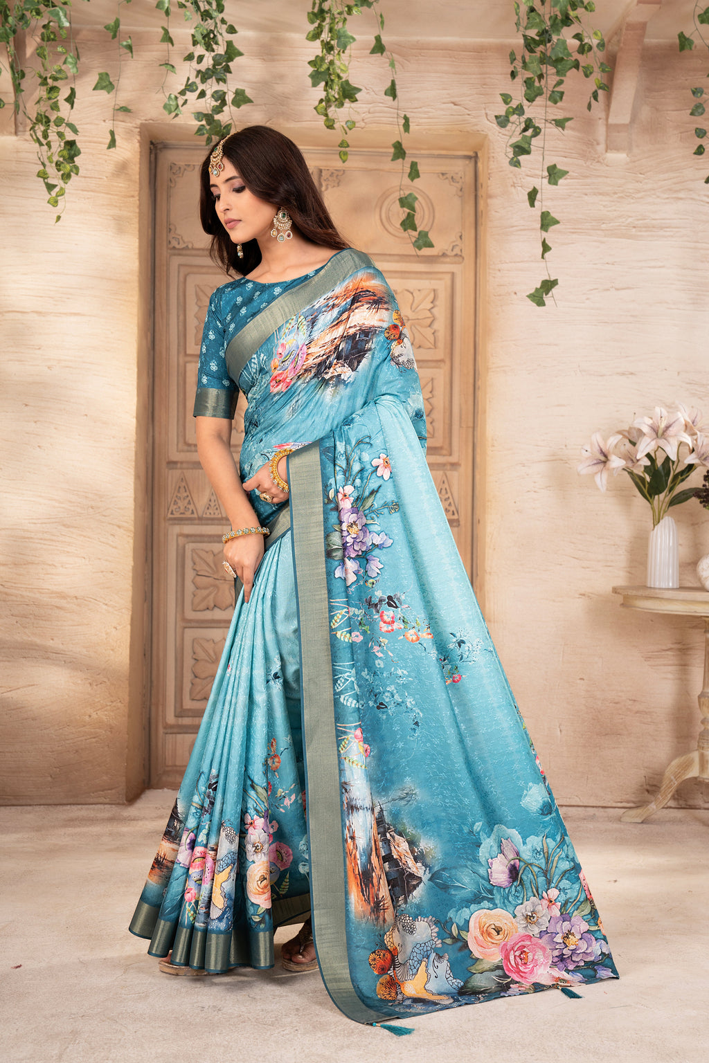 Rama Blue Digital Printed Self Jacquard Saree