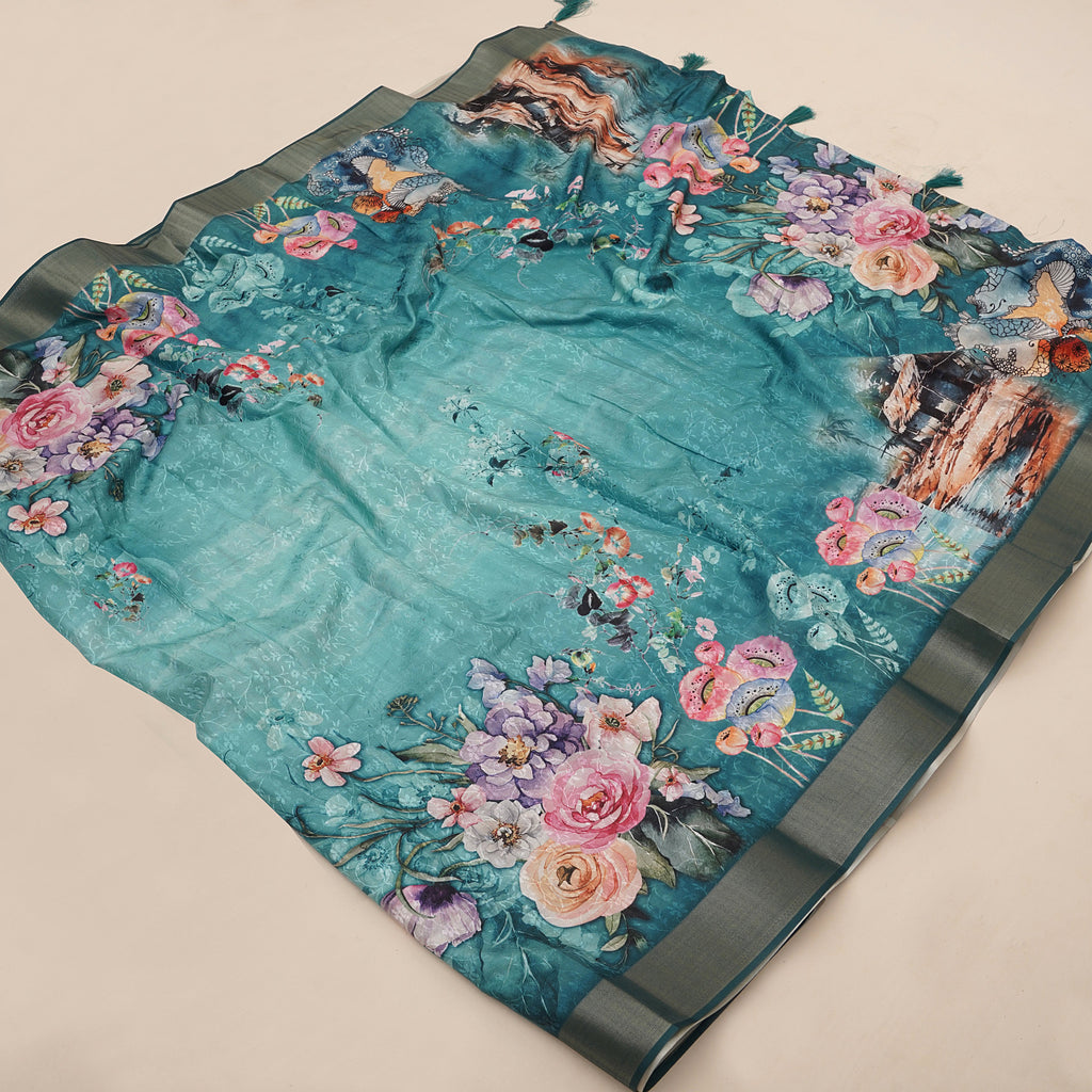 Rama Blue Digital Printed Self Jacquard Saree