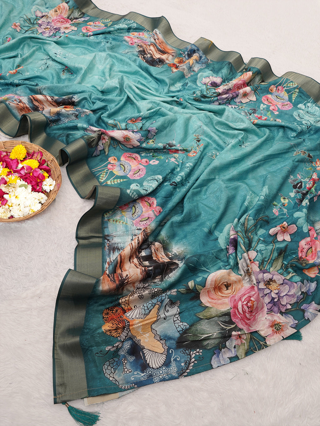 Rama Blue Digital Printed Self Jacquard Saree