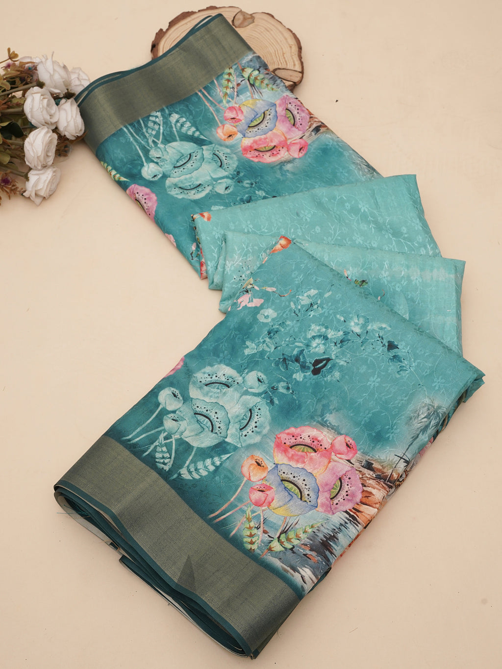 Rama Blue Digital Printed Self Jacquard Saree