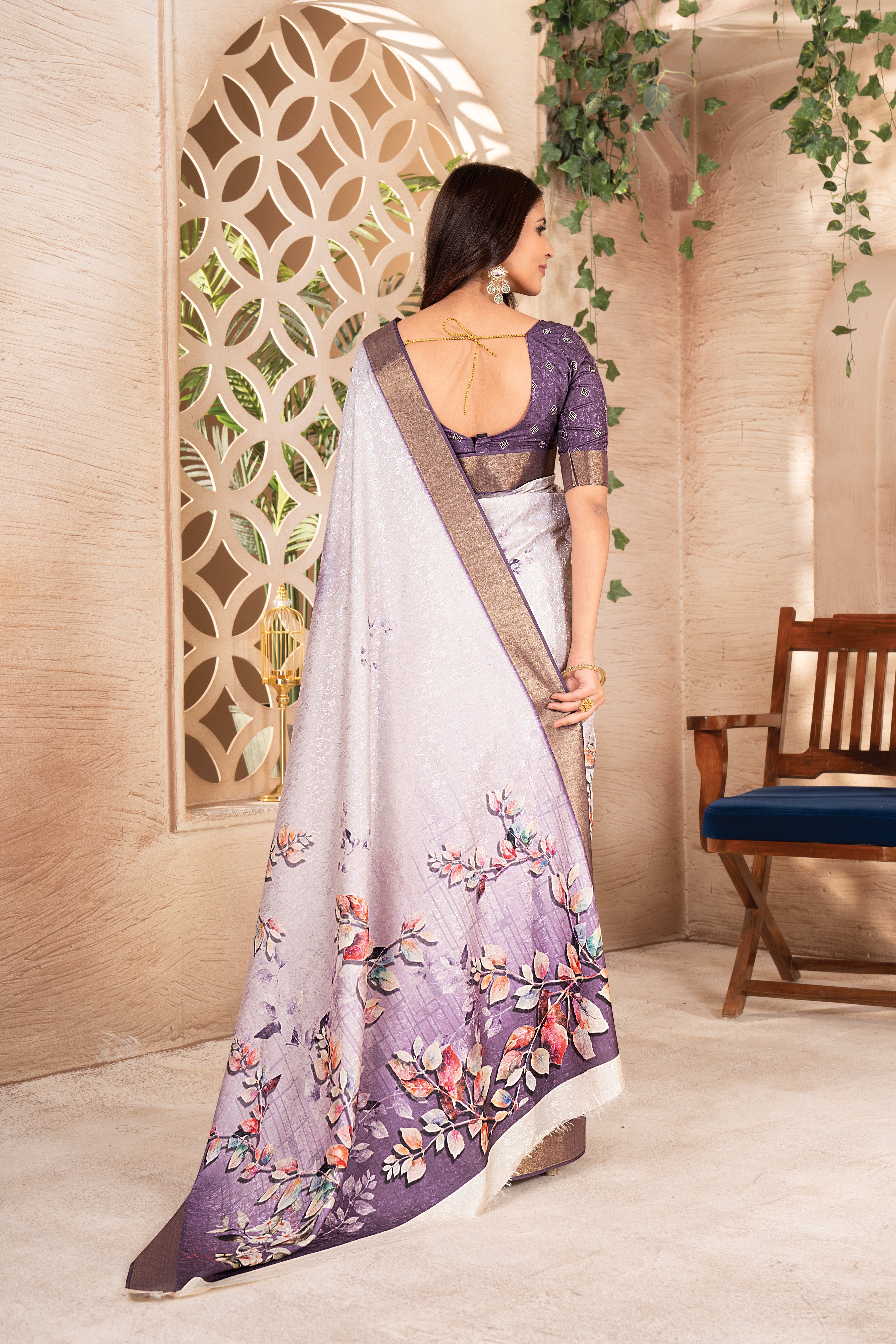 Cream Purple Digital Printed Self Jacquard Saree