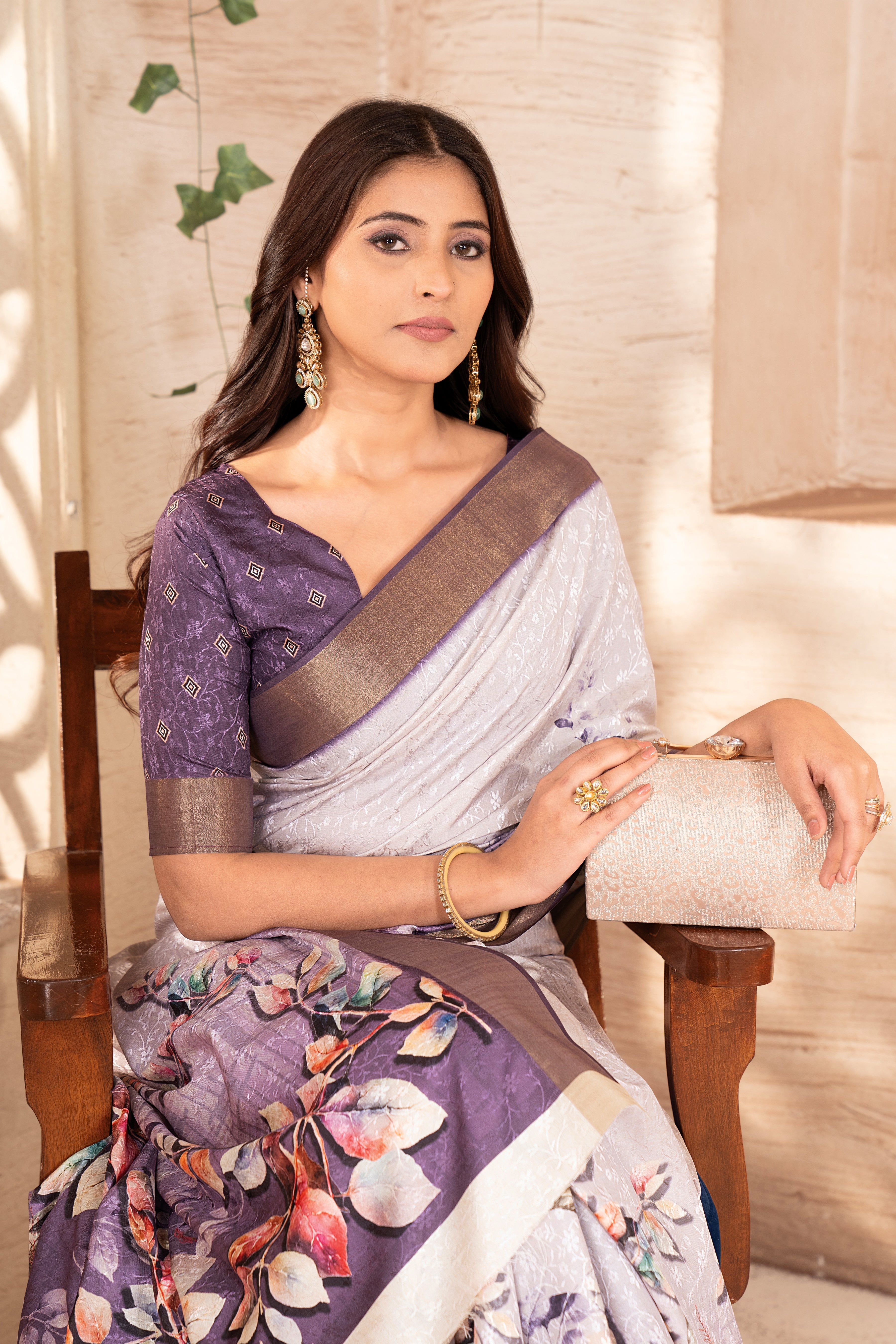 Cream Purple Digital Printed Self Jacquard Saree