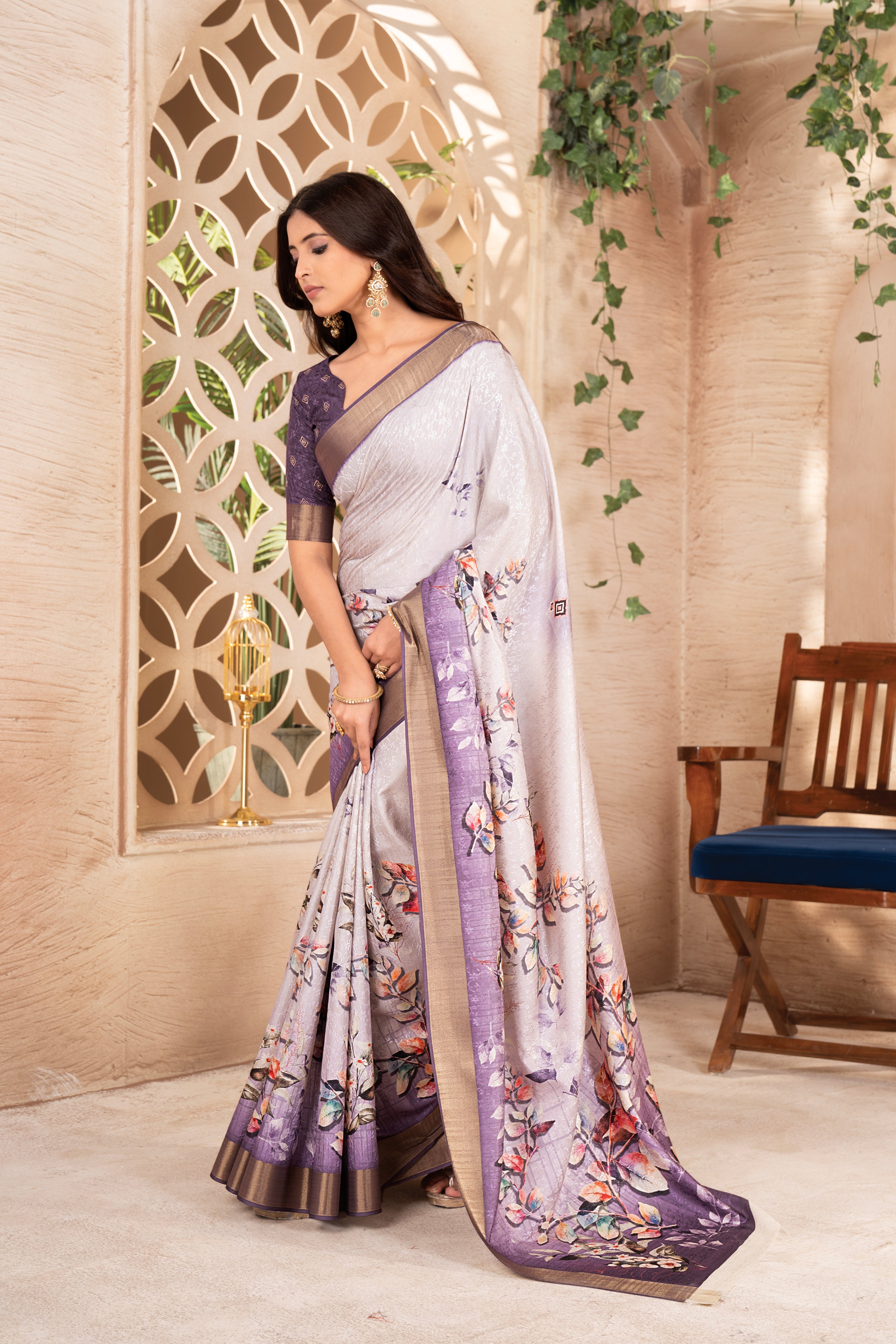 Cream Purple Digital Printed Self Jacquard Saree