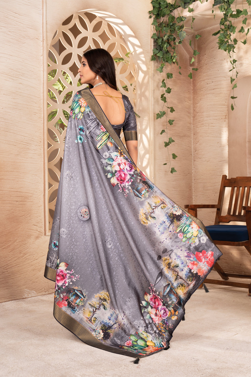 Grey Floral Digital Printed Self Jacquard Saree