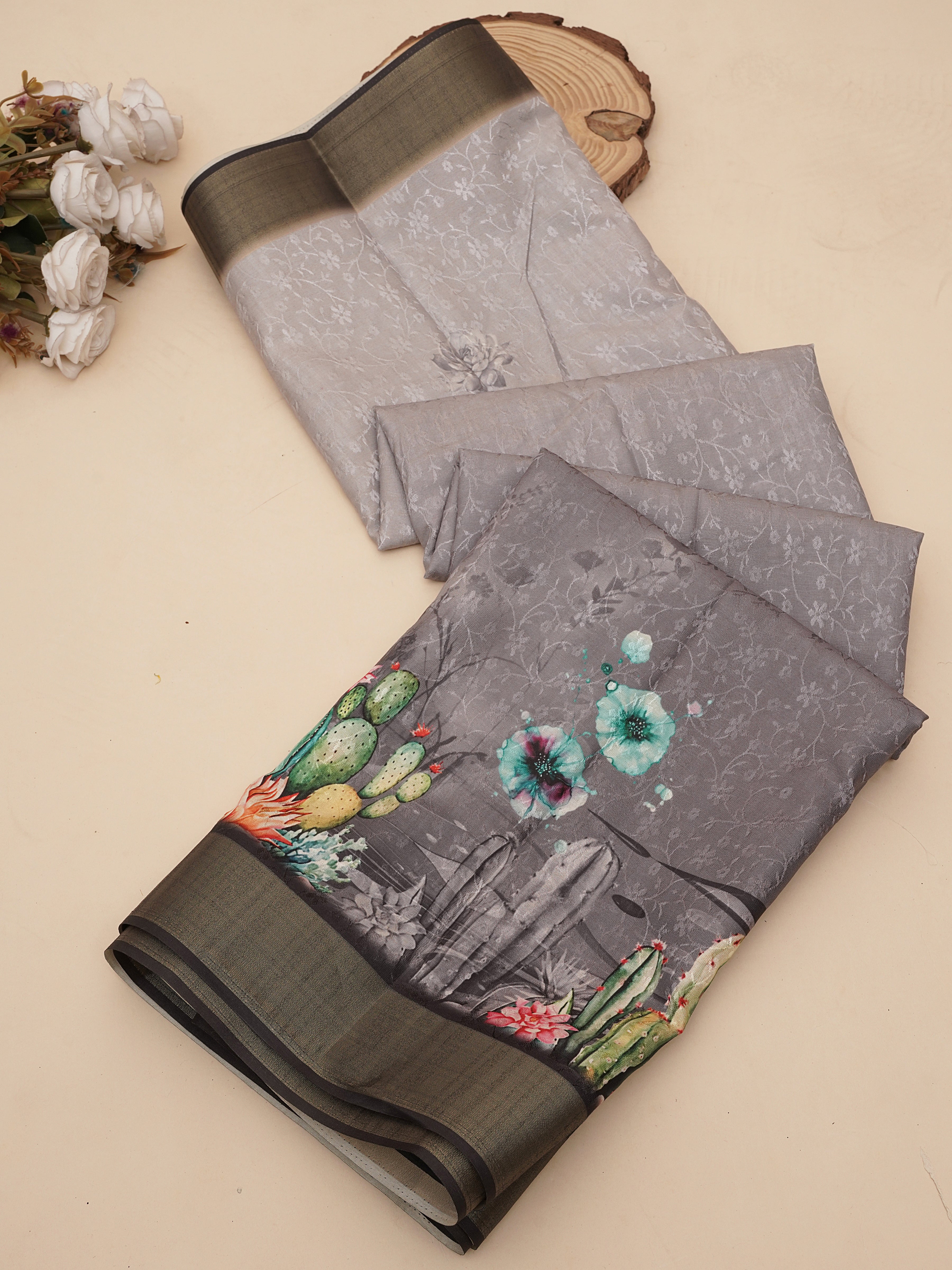 Grey Floral Digital Printed Self Jacquard Saree
