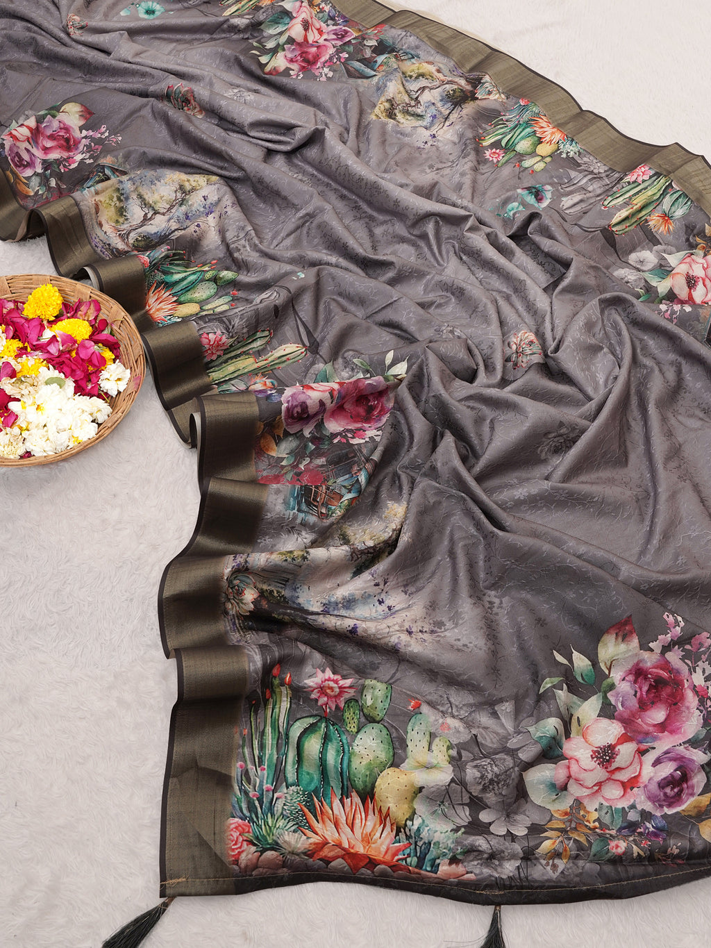 Grey Floral Digital Printed Self Jacquard Saree