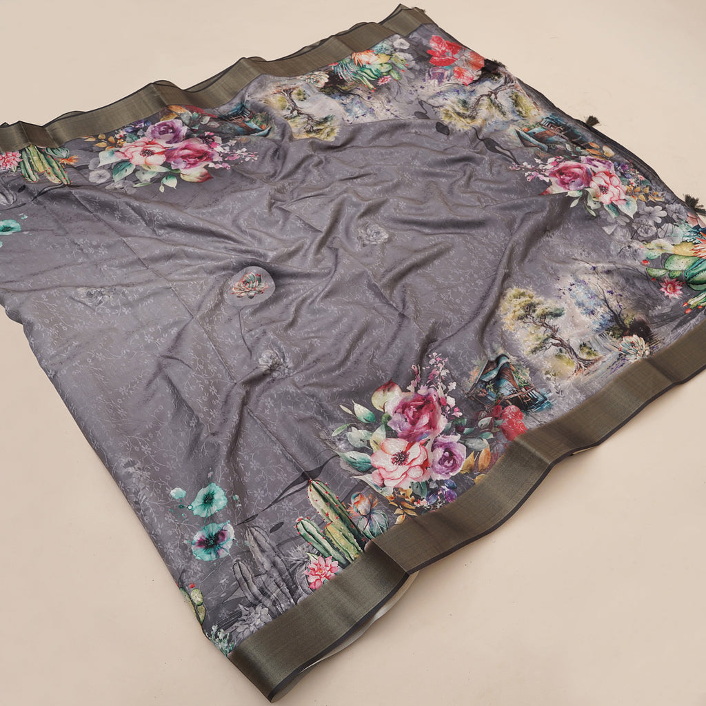 Grey Floral Digital Printed Self Jacquard Saree